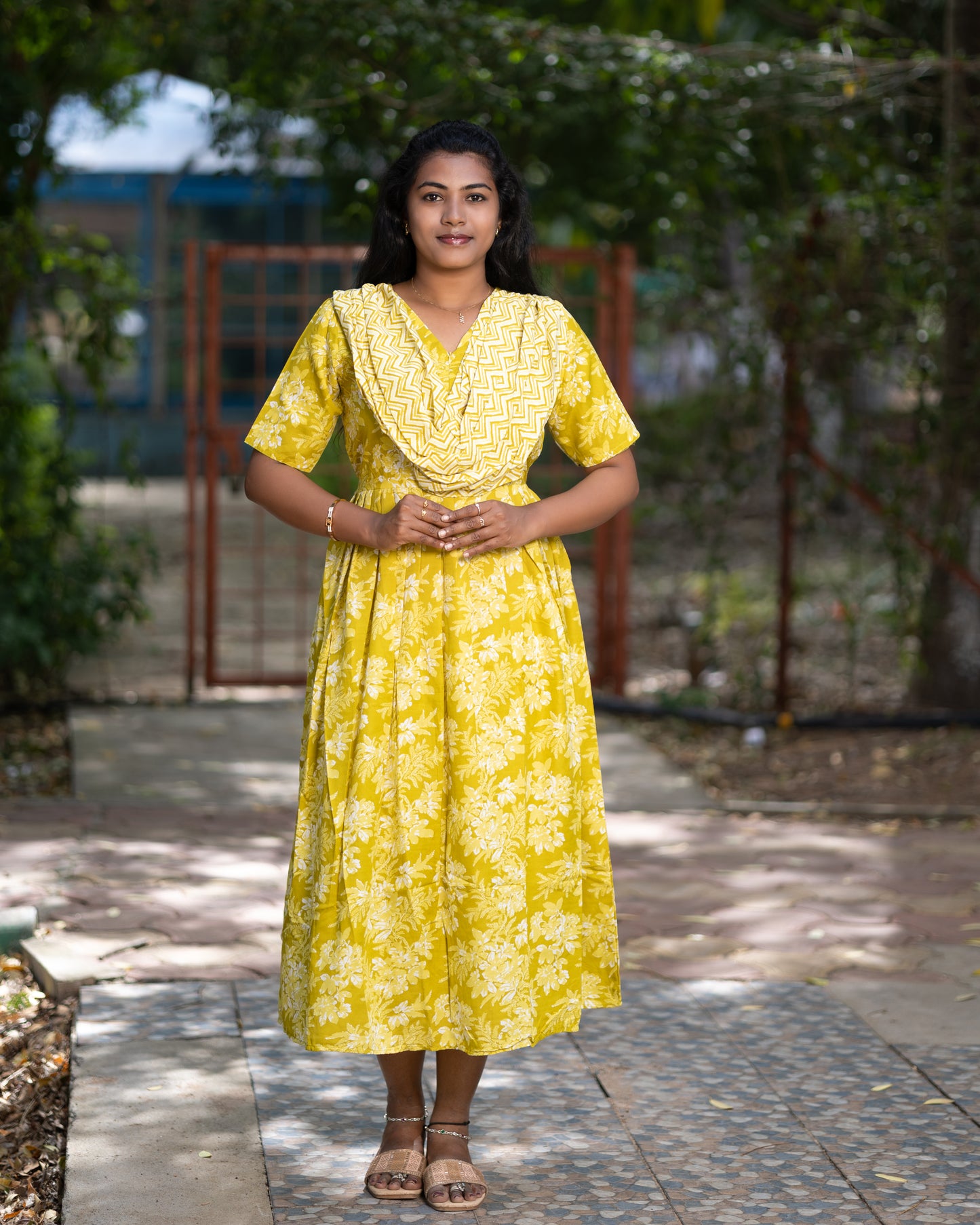 Feeding Dupatta Attached Zipper Maternity Wear – Mustard Yellow with White Floral