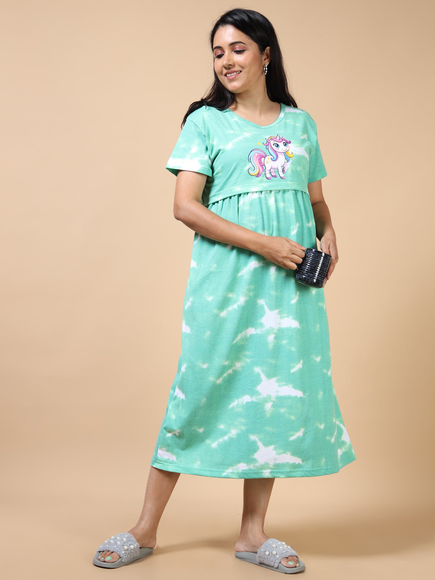 Zipless Feeding Maternity Dress –Mint Green Tie-Dye with White Cloud-Style Patterns