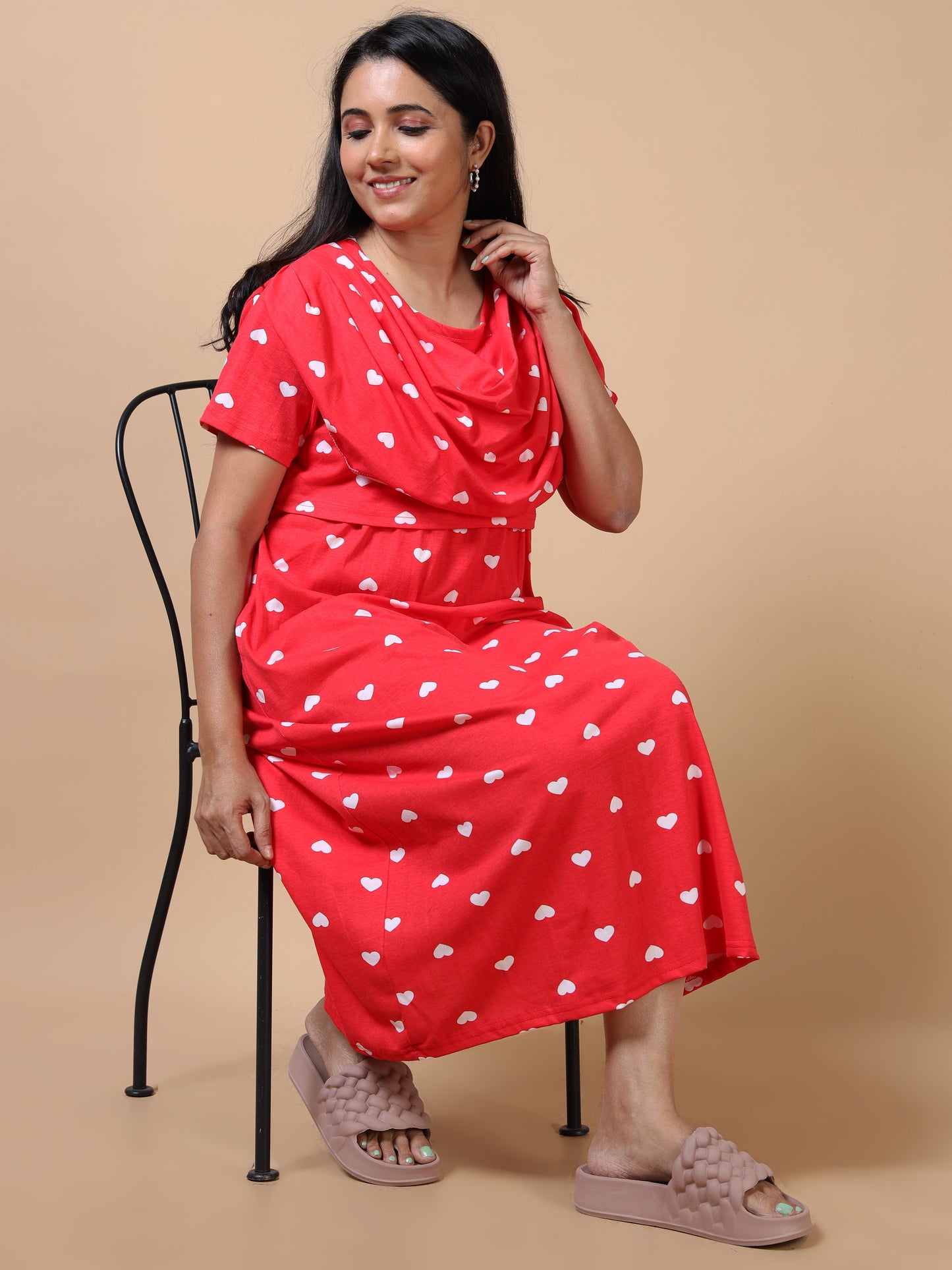 Zipless Feeding Maternity Gown with Attached Dupatta-Red with White Heart Print