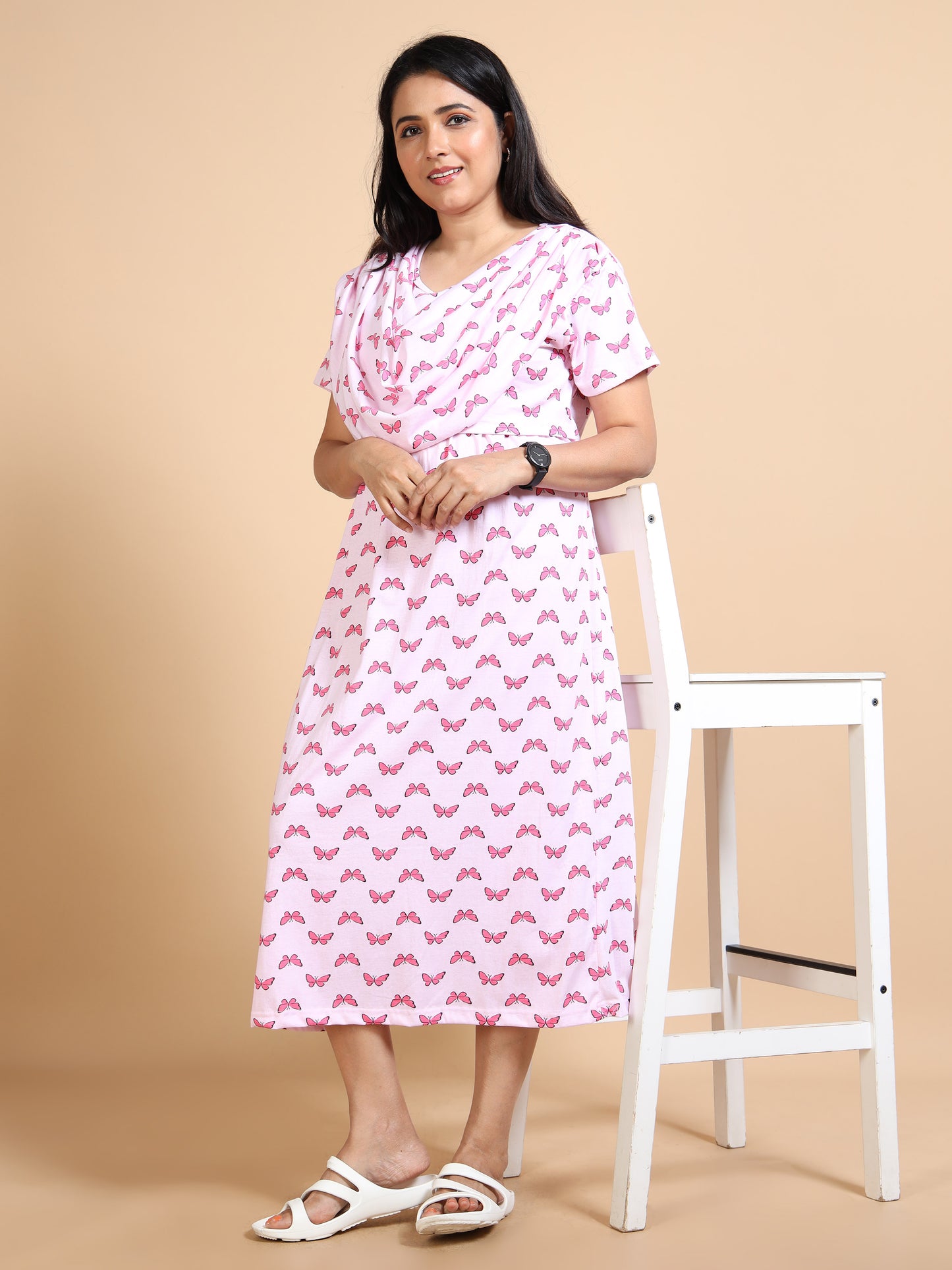 Zipless Feeding Maternity Gown with Attached Dupatta-Baby Pink with Pink Butterfly Print