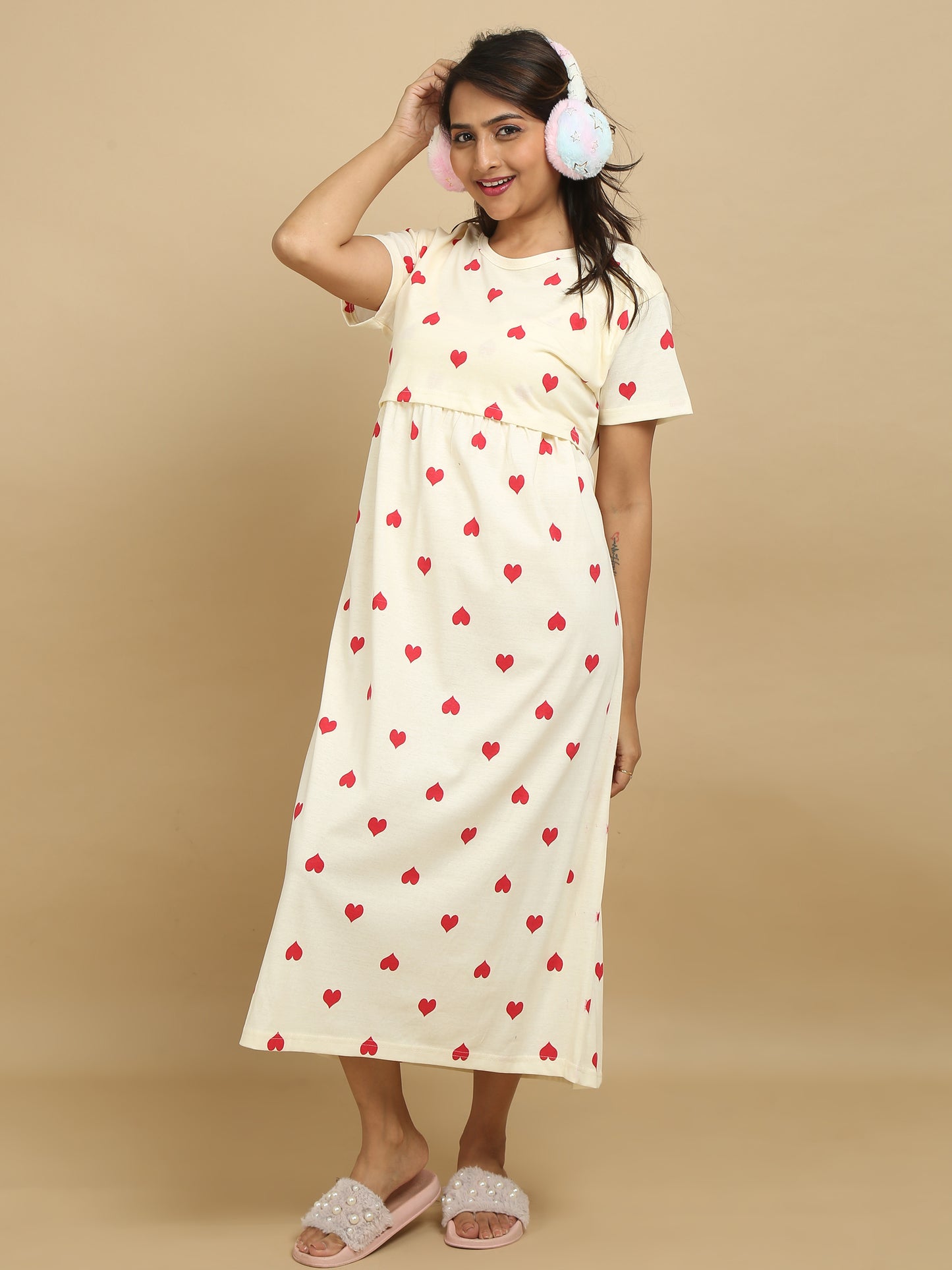 Zipless Feeding Maternity Dress –Cream with Red Hearts