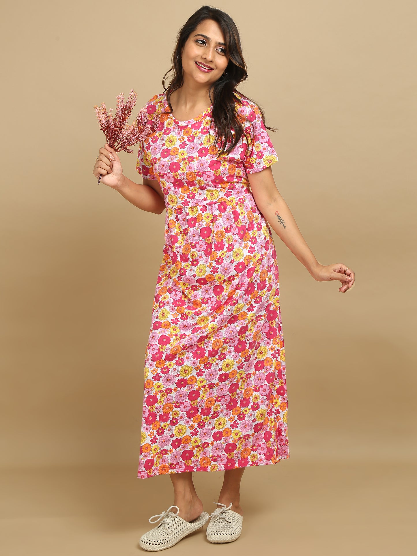 Zipless Feeding Maternity Dress –White with Pink, Yellow & Orange Floral