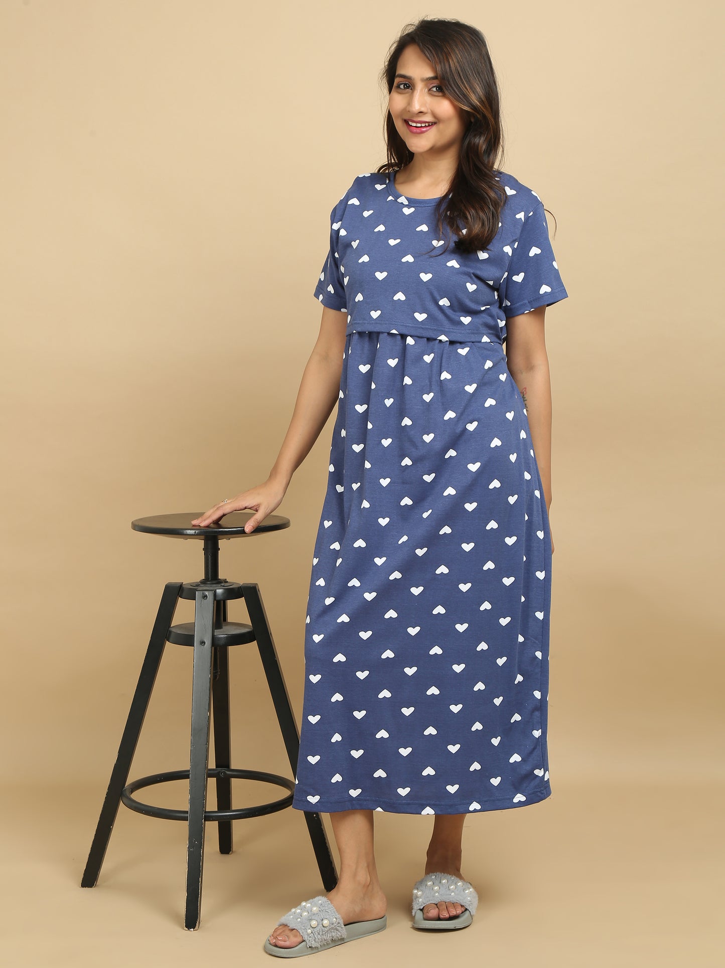 Zipless Feeding Maternity Dress –Denim Blue with White Heart Prints.