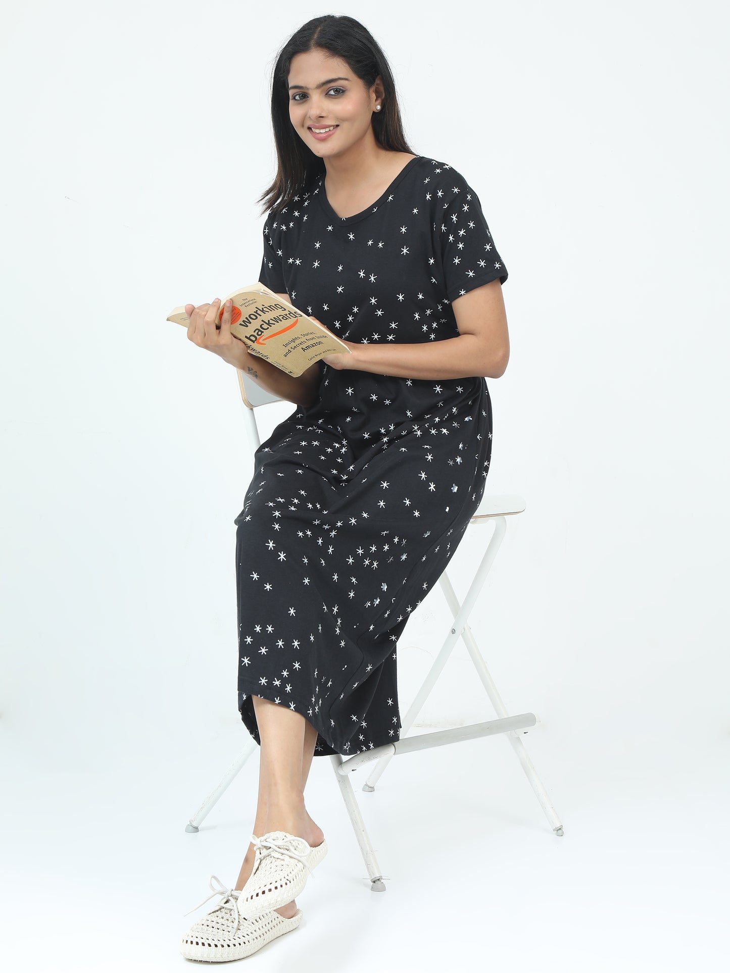 Zipless Feeding Maternity Dress –Solid Black with White Star Prints.