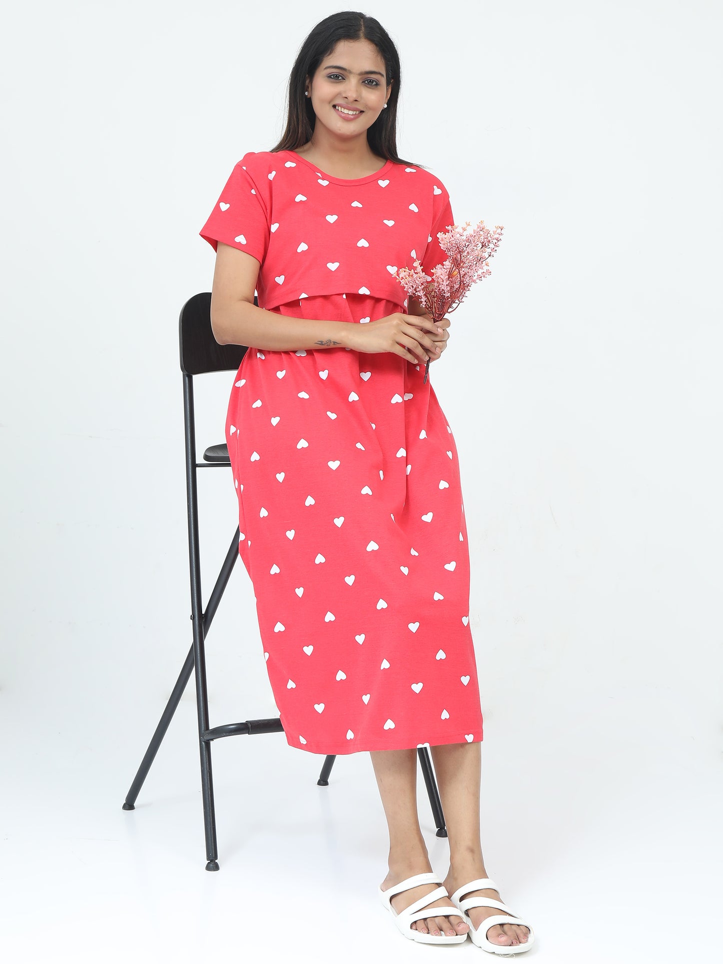 Zipless Feeding Maternity Dress –Bright Coral Pink with White