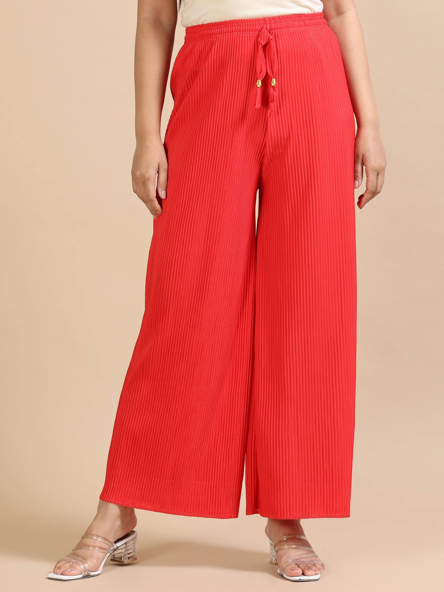 Red Solid Pleated Wide-Leg Palazzo Pants