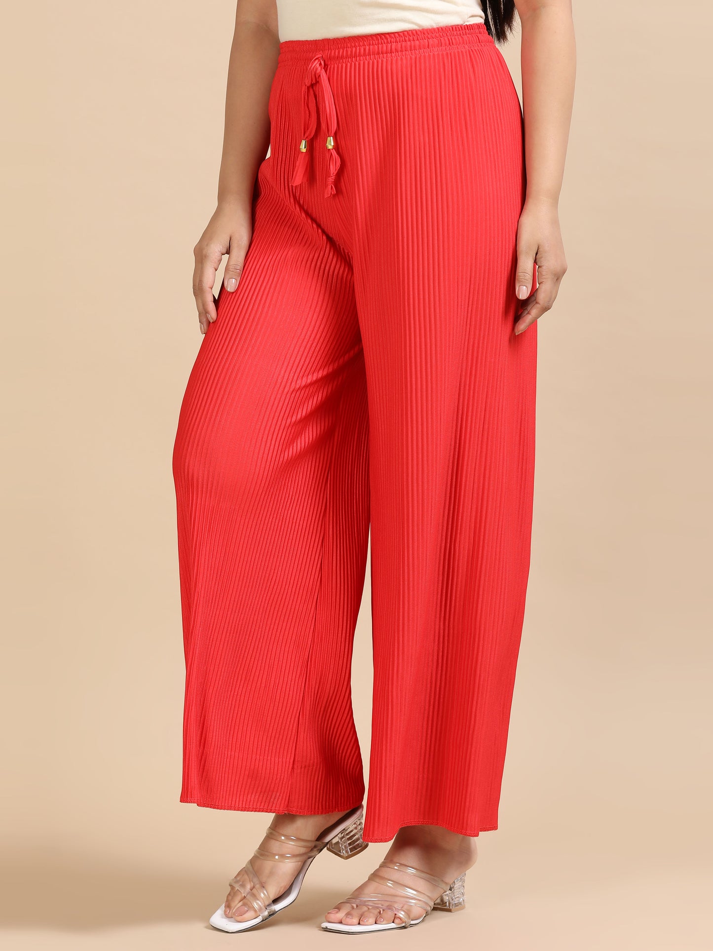 Red Solid Pleated Wide-Leg Palazzo Pants