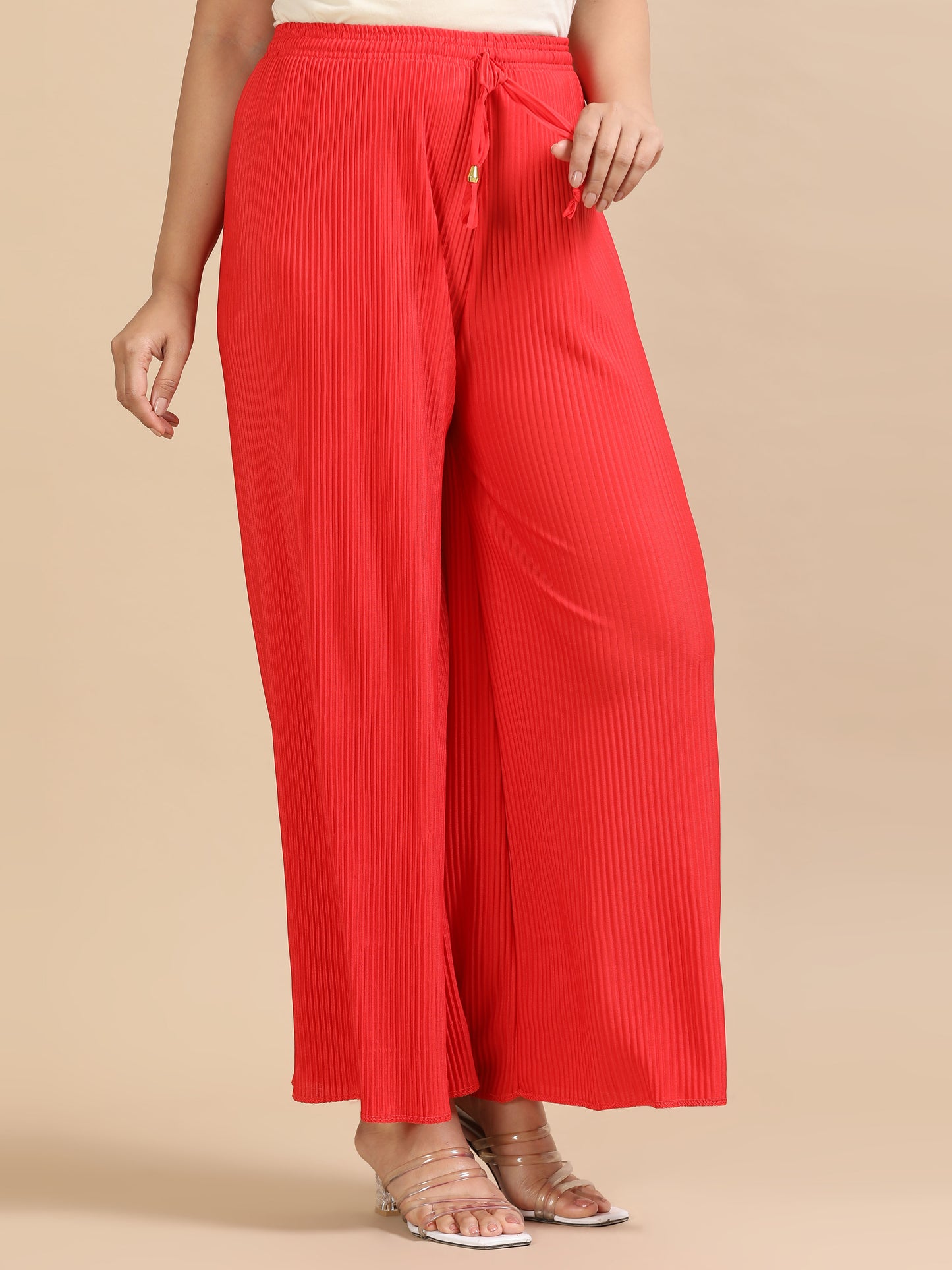 Red Solid Pleated Wide-Leg Palazzo Pants