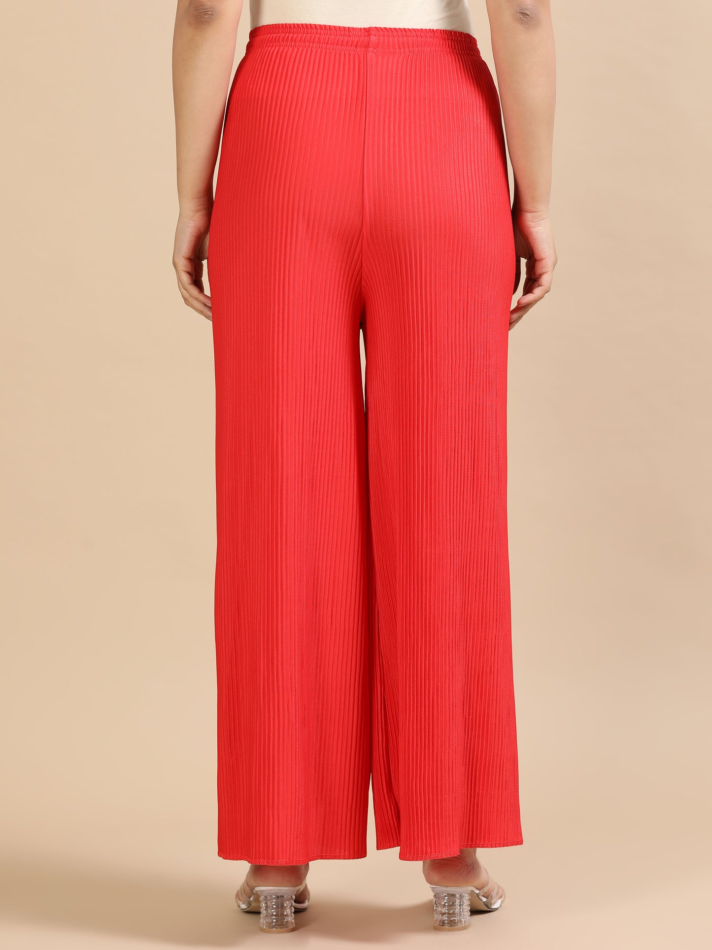Red Solid Pleated Wide-Leg Palazzo Pants