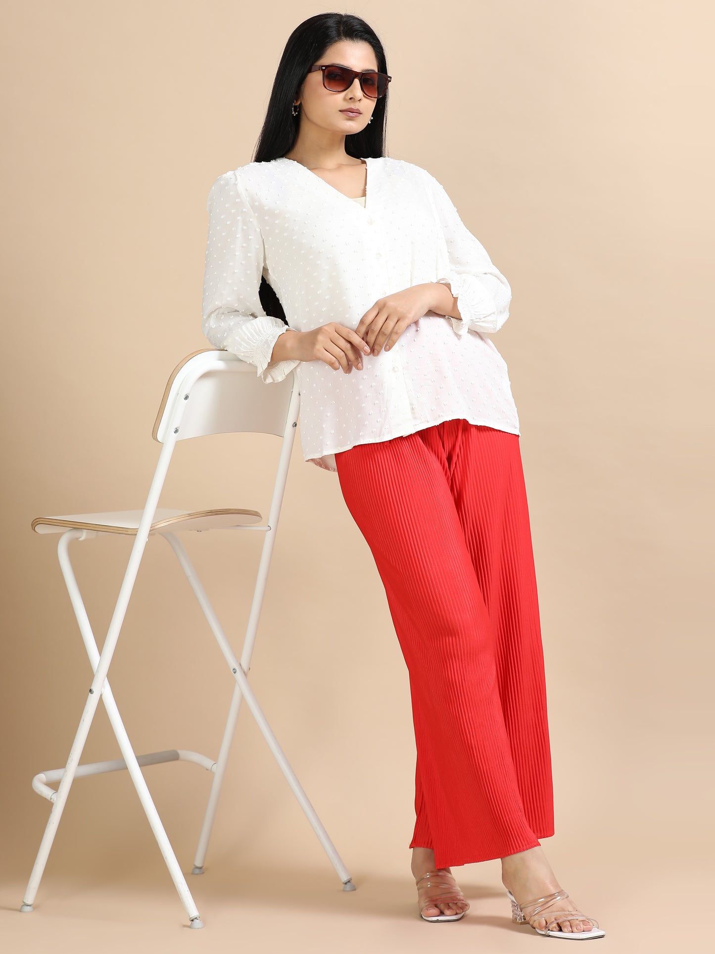 Red Solid Pleated Wide-Leg Palazzo Pants
