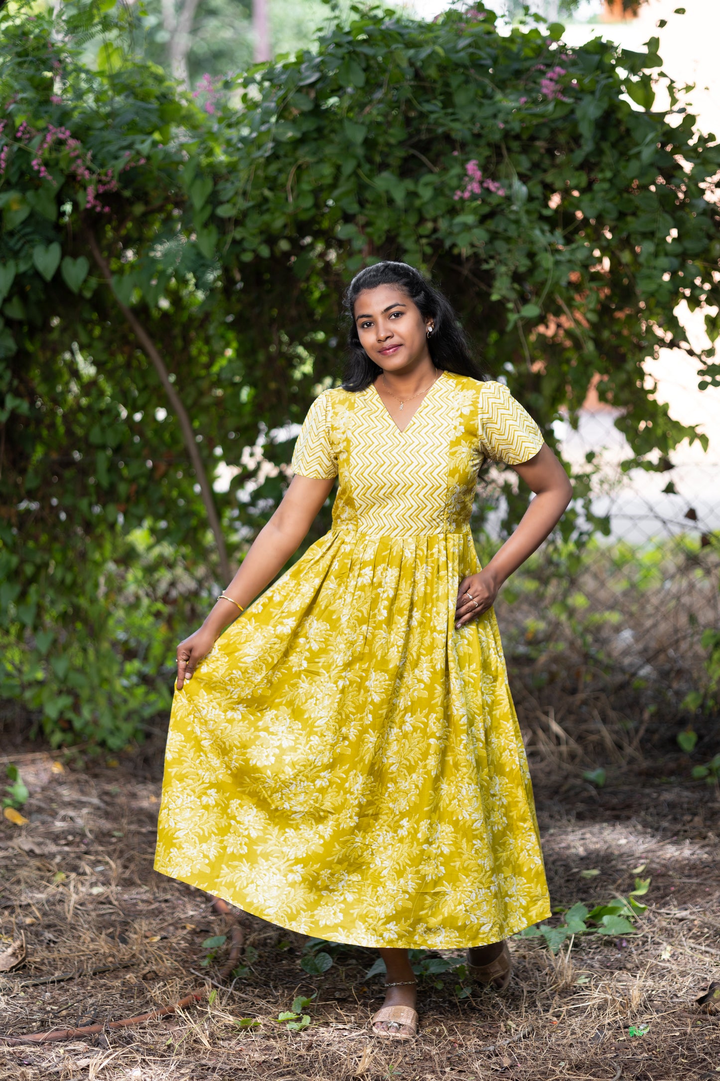 Feeding Women's Maxi Nighty – Full-Length Nightwear-Mustard Yellow with White Floral