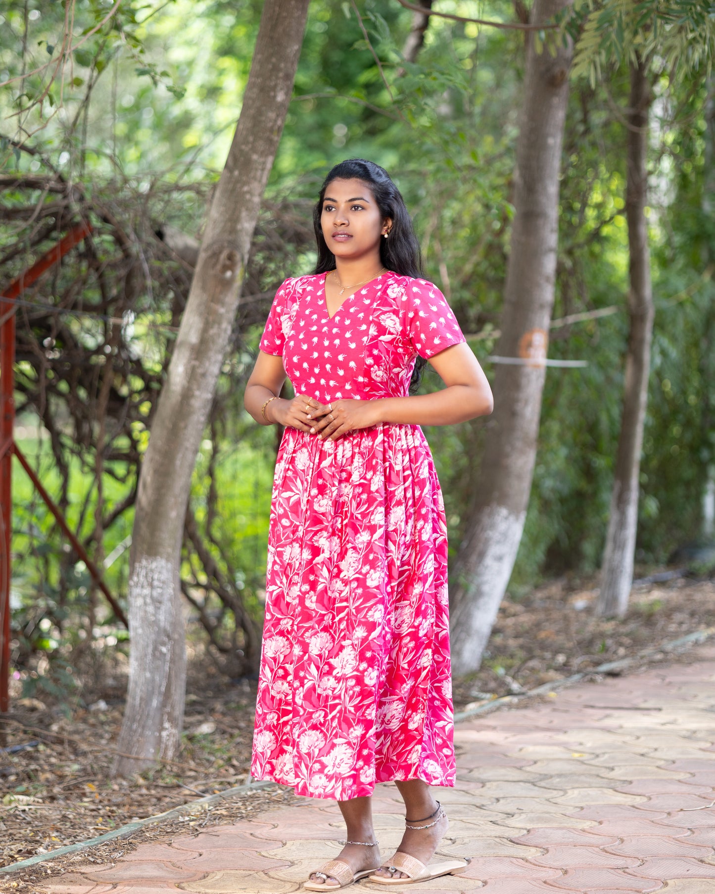 Feeding Women's Maxi Nighty – Full-Length Nightwear-Bright Pink with White Floral