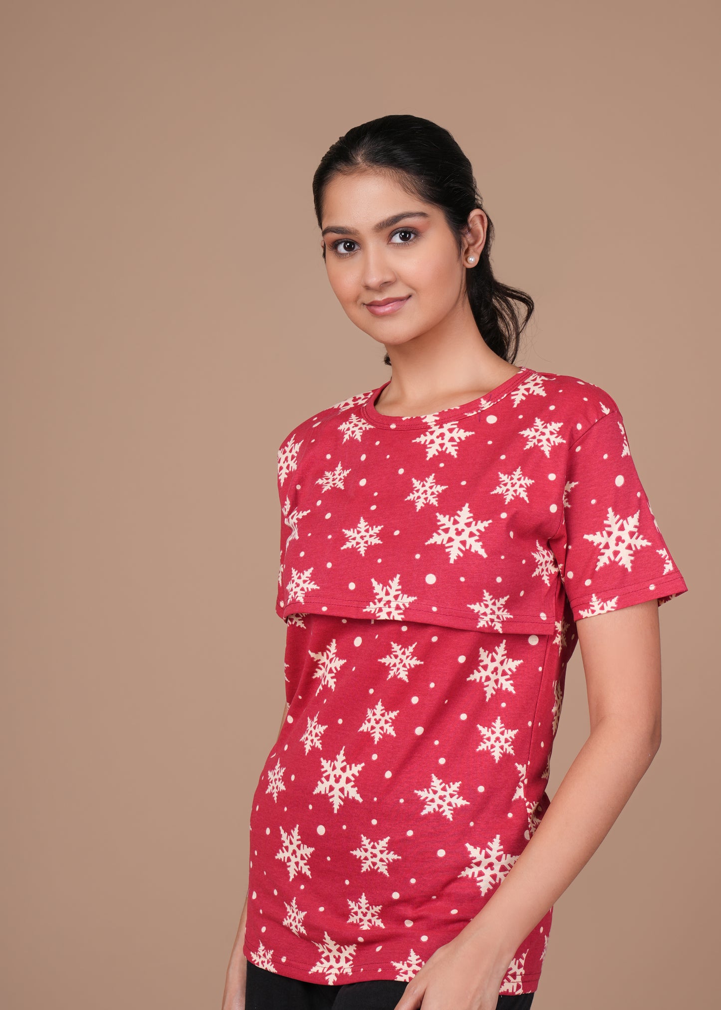 Women’s Zipless Feeding Top-Red with White Snowflake Print