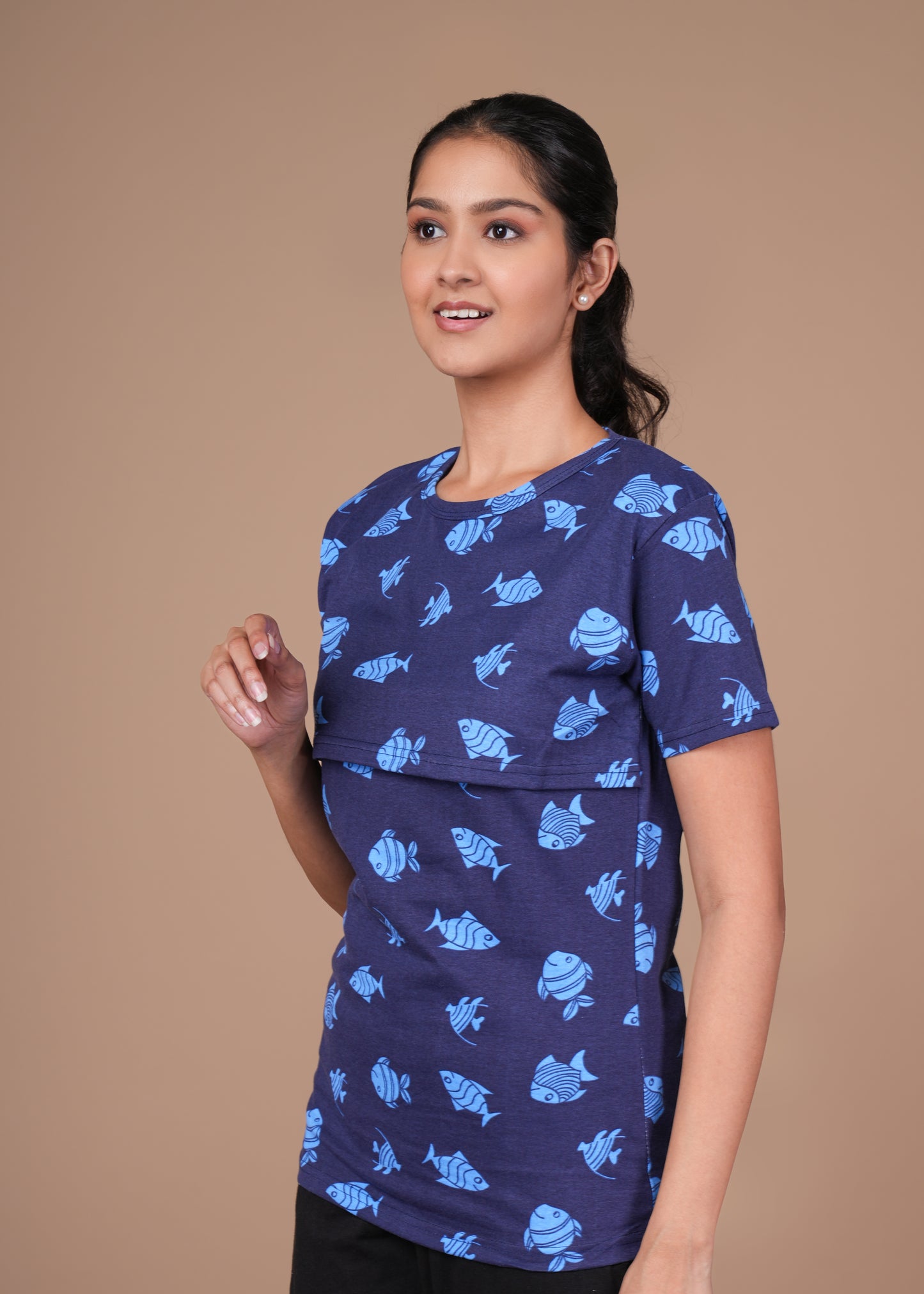 Women’s Zipless Feeding Top-Navy Blue with Light Blue Fish Print