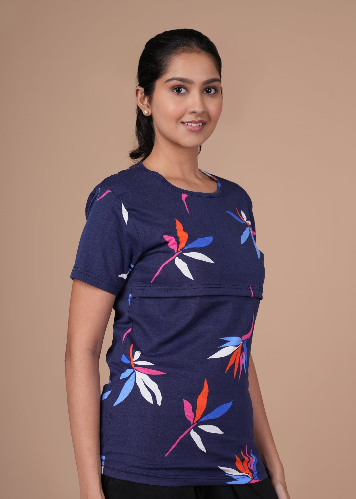 Women’s Zipless Feeding Top-Navy Blue with Multicolor Tropical Print