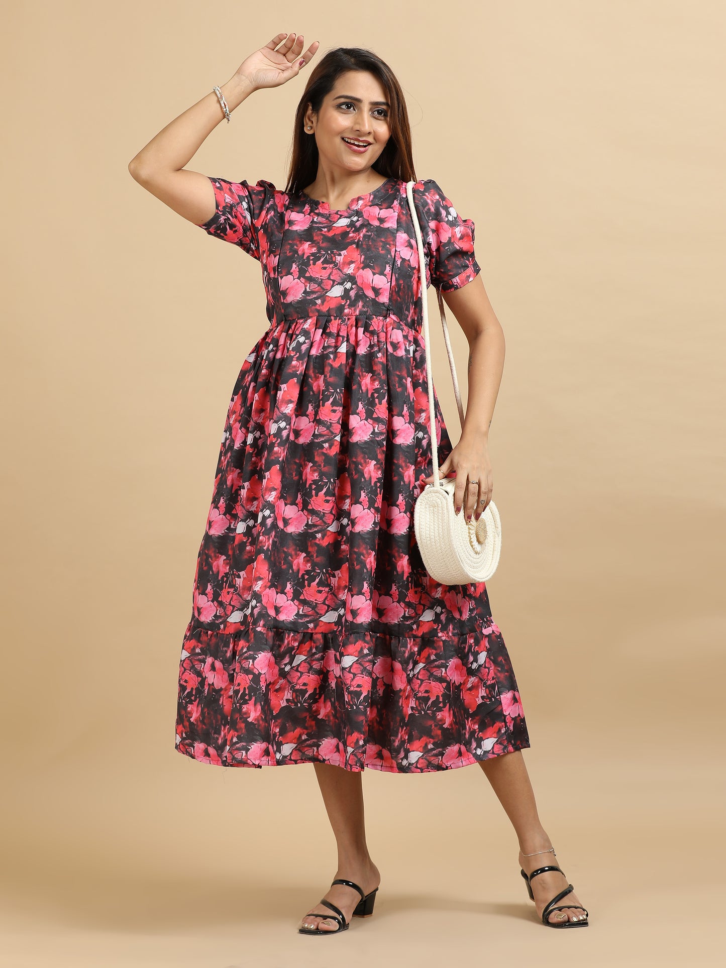 Feeding Black with Pink & Red Floral Maternity Kurti