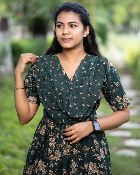 Feeding Dupatta Attached Zipper Maternity Wear – Green with Mustard Design