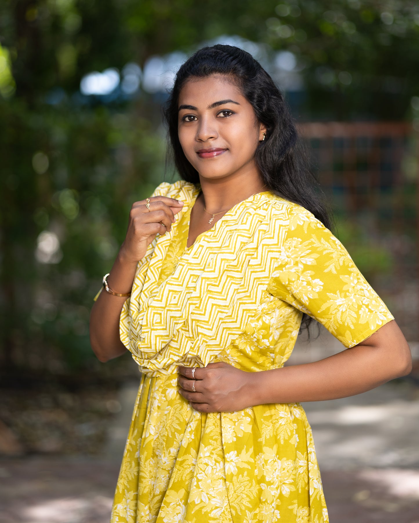 Feeding Dupatta Attached Zipper Maternity Wear – Mustard Yellow with White Floral