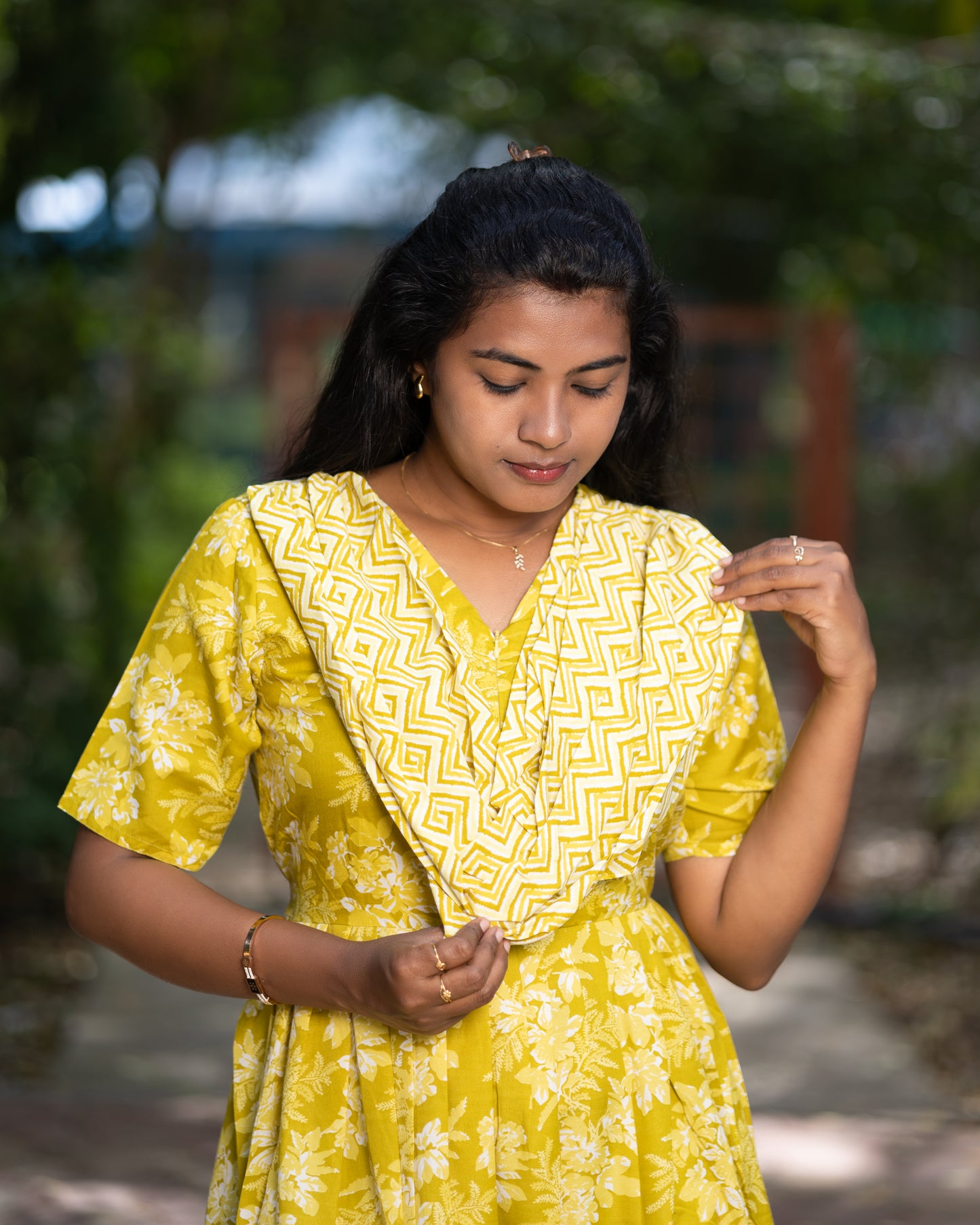 Feeding Dupatta Attached Zipper Maternity Wear – Mustard Yellow with White Floral