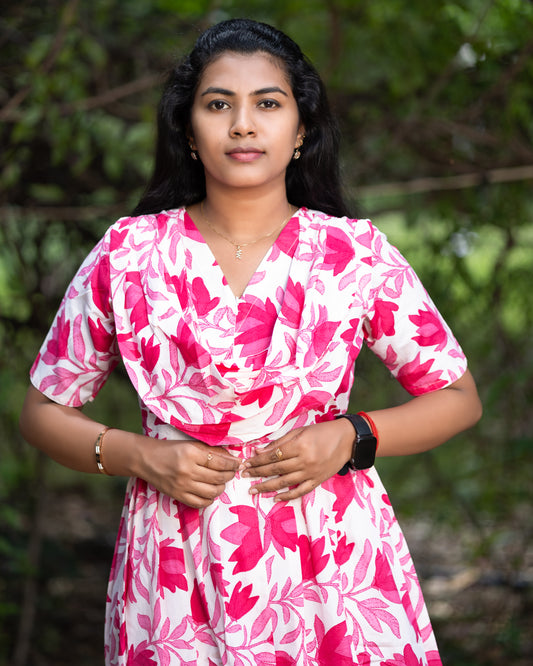 Feeding Dupatta Attached Zipper Maternity Wear – White with Bright Pink Floral