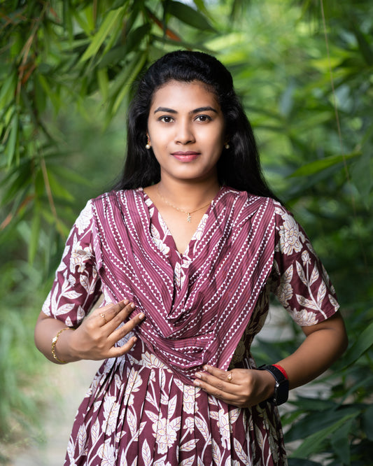 Feeding Dupatta Attached Zipper Maternity Wear – Brown with Cream Floral