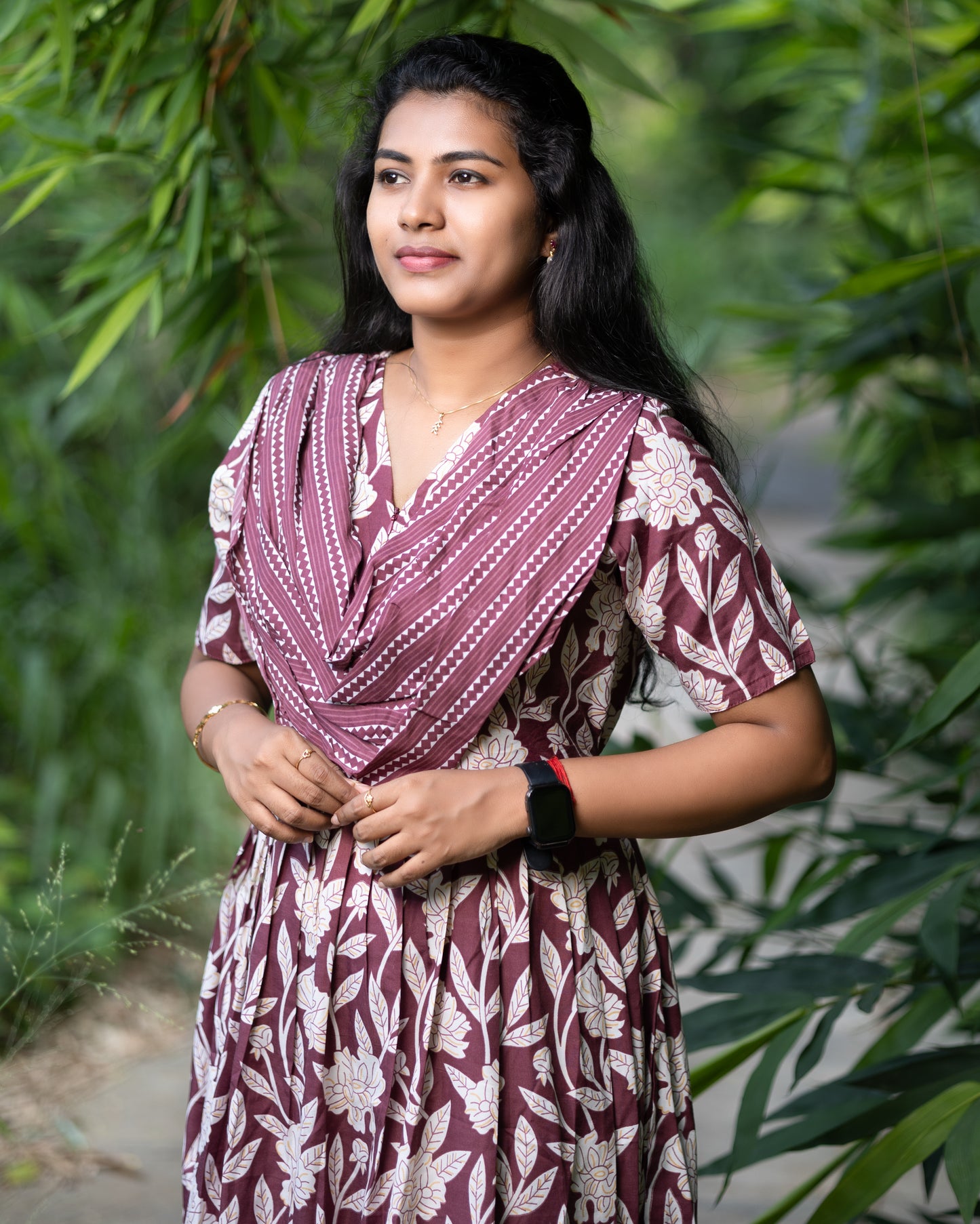 Feeding Dupatta Attached Zipper Maternity Wear – Brown with Cream Floral