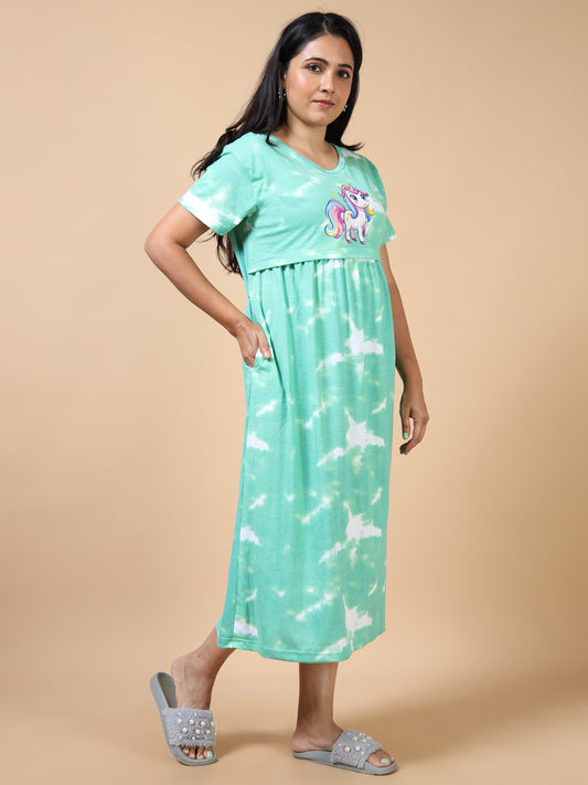 Zipless Feeding Maternity Dress –Mint Green Tie-Dye with White Cloud-Style Patterns