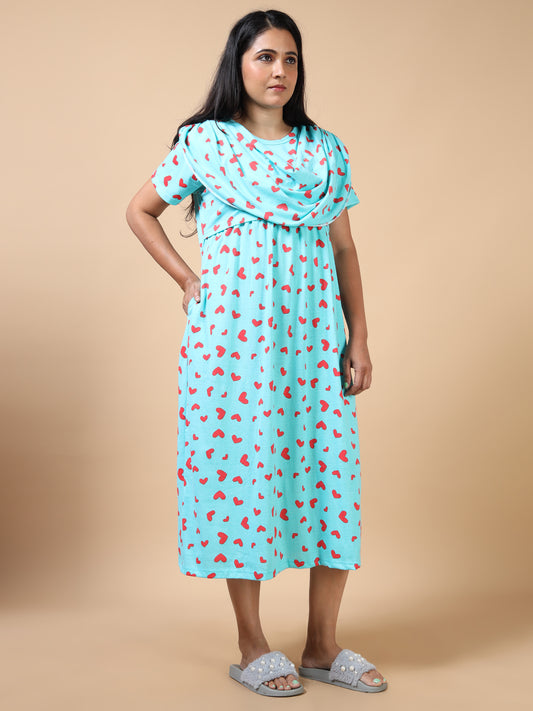 Zipless Feeding Maternity Gown with Attached Dupatta-Mint Blue with Red heart prints