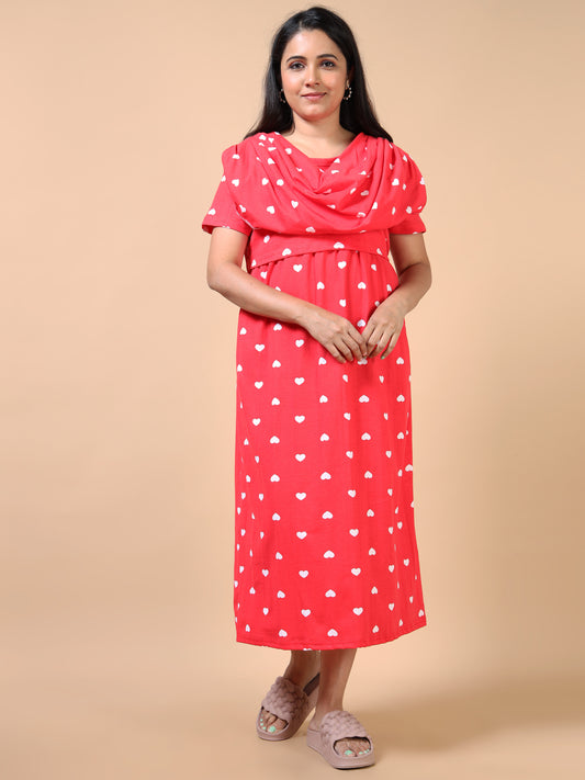 Zipless Feeding Maternity Gown with Attached Dupatta-Red with White Heart Print