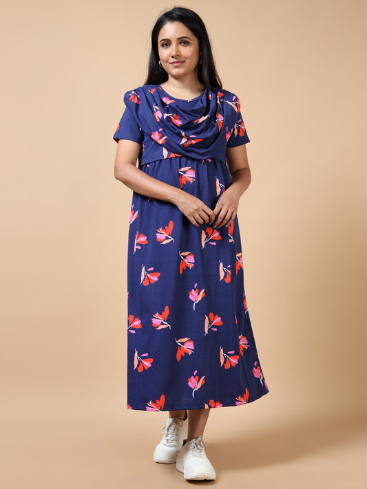 Zipless Feeding Maternity Gown with Attached Dupatta-Navy Blue with Red & Pink tones.