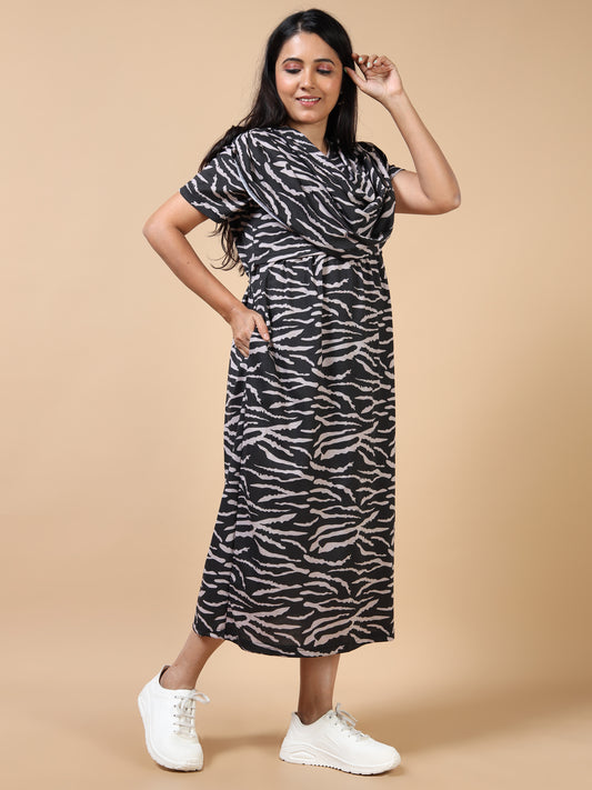 Zipless Feeding Maternity Gown with Attached Dupatta-Black with Grey Zebra Print