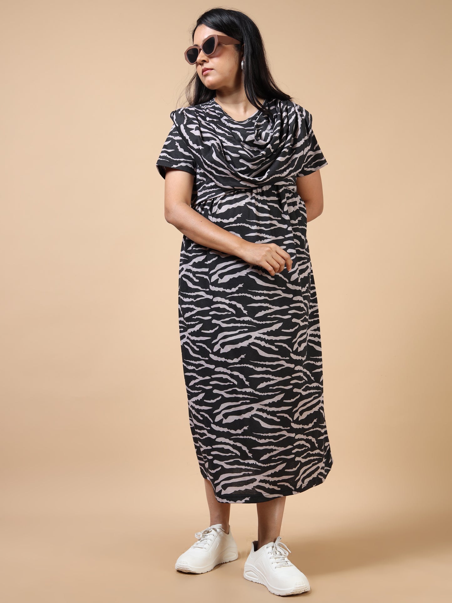 Zipless Feeding Maternity Gown with Attached Dupatta-Black with Grey Zebra Print