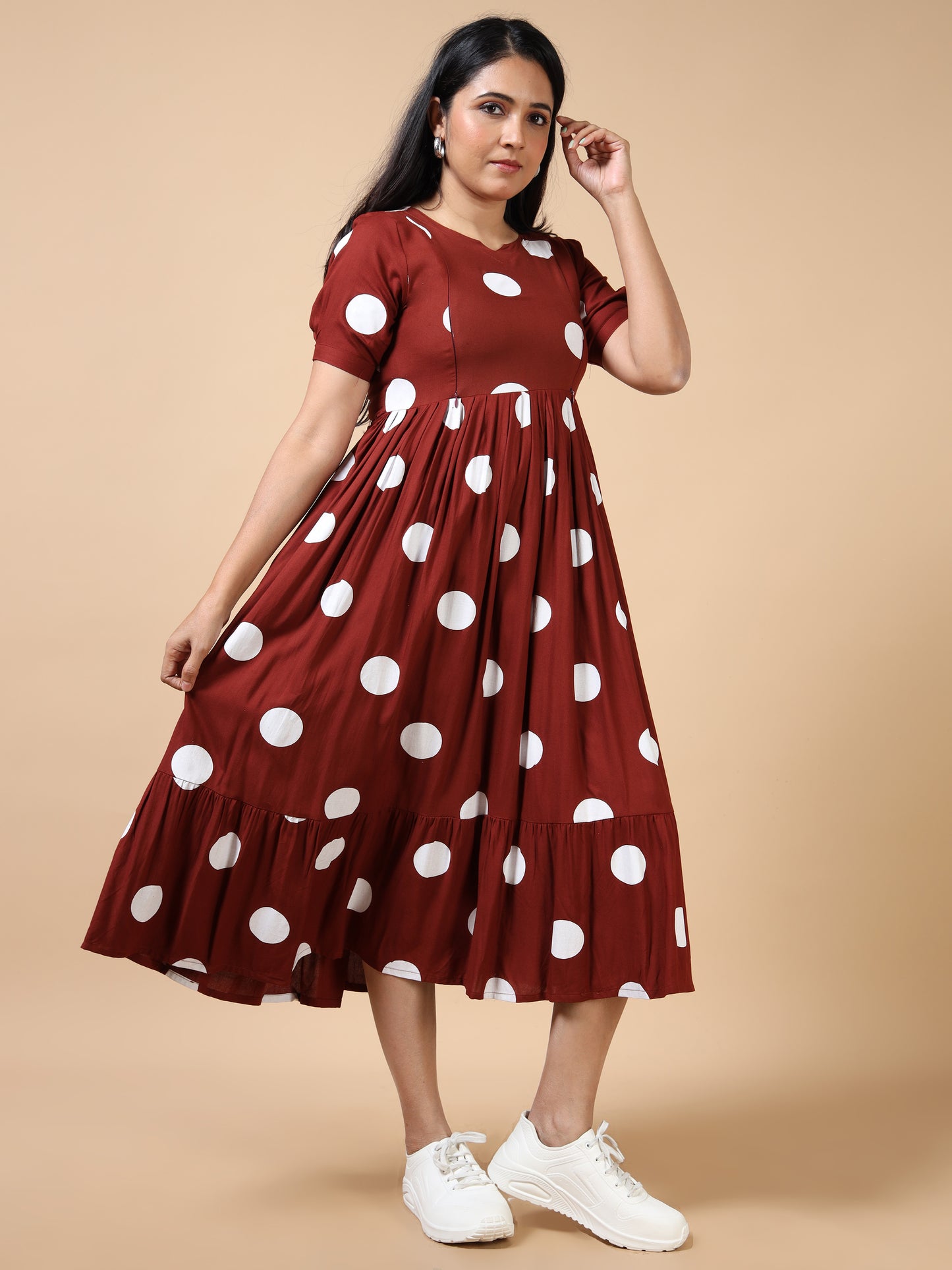 Feeding Maroon with White Polka Dots Floral Maternity Kurti