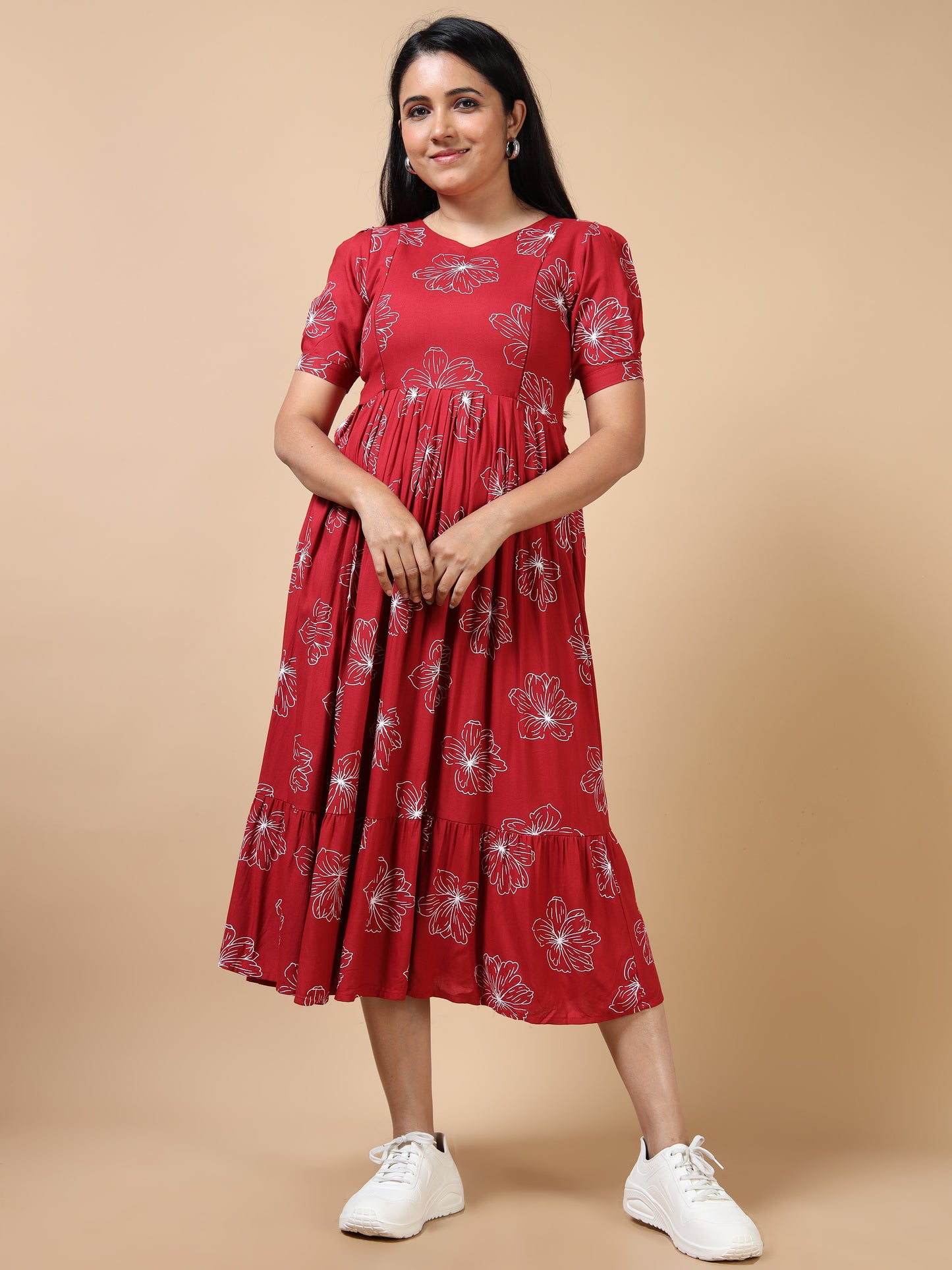 Feeding Deep Red Floral Maternity Kurti