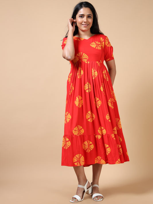 Feeding Red with Yellow Circle Print Floral Maternity Kurti
