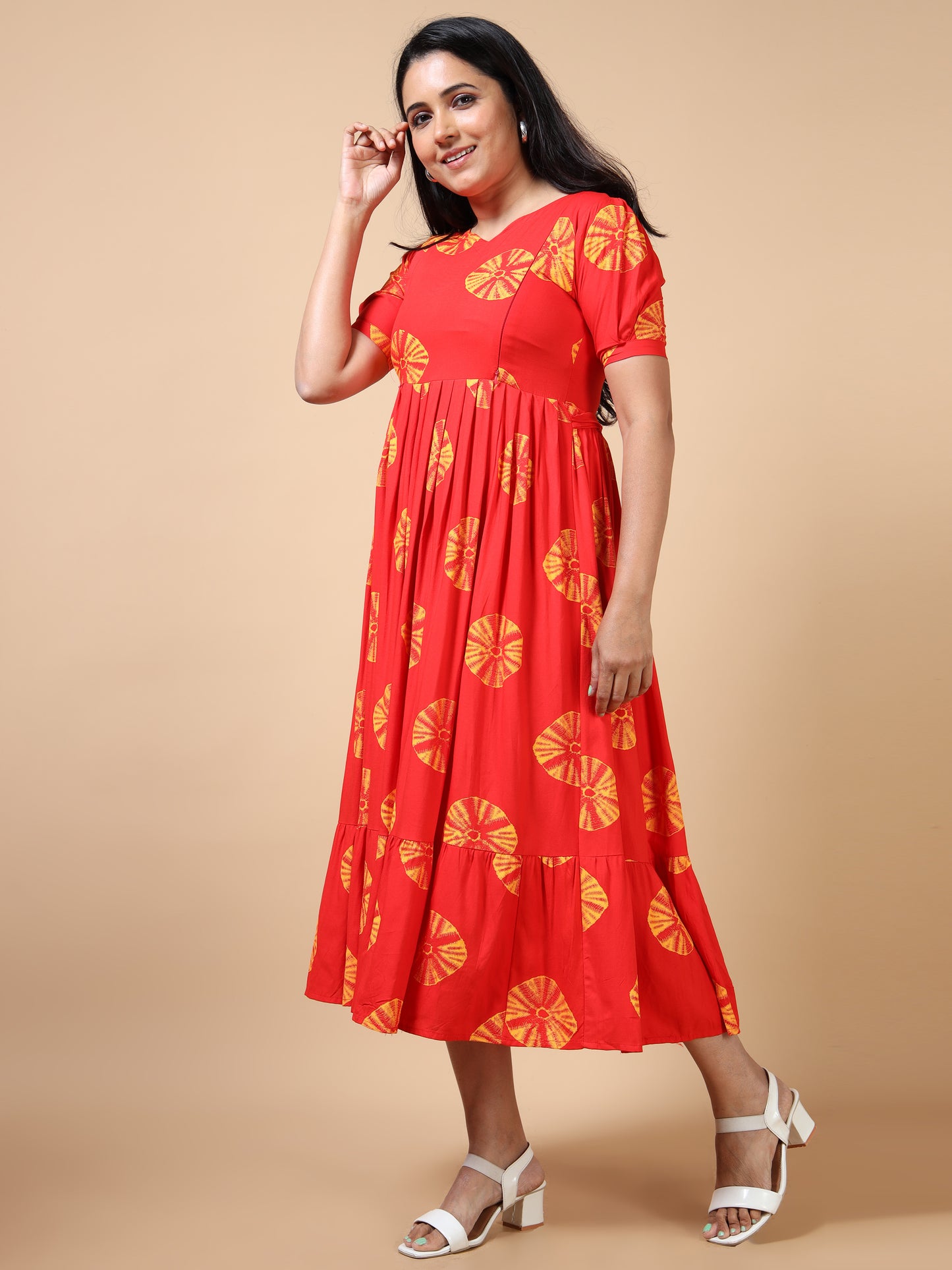 Feeding Red with Yellow Circle Print Floral Maternity Kurti