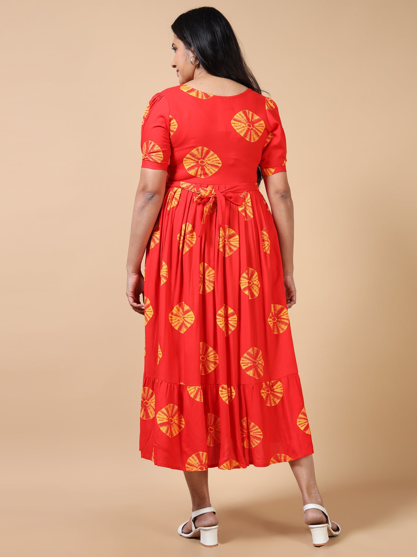 Feeding Red with Yellow Circle Print Floral Maternity Kurti