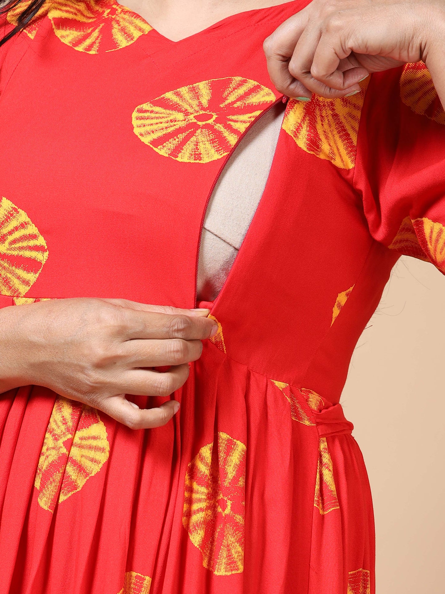 Feeding Red with Yellow Circle Print Floral Maternity Kurti