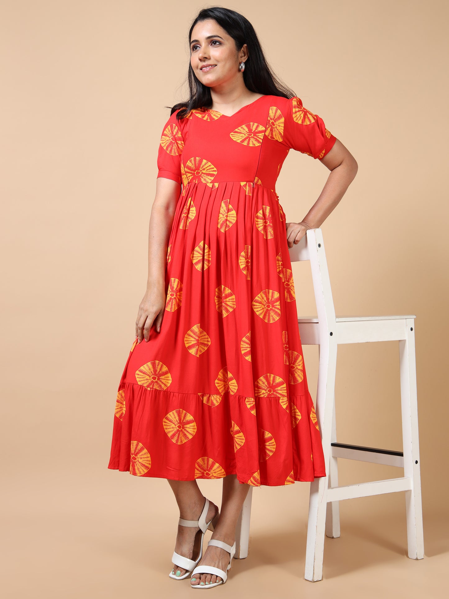 Feeding Red with Yellow Circle Print Floral Maternity Kurti