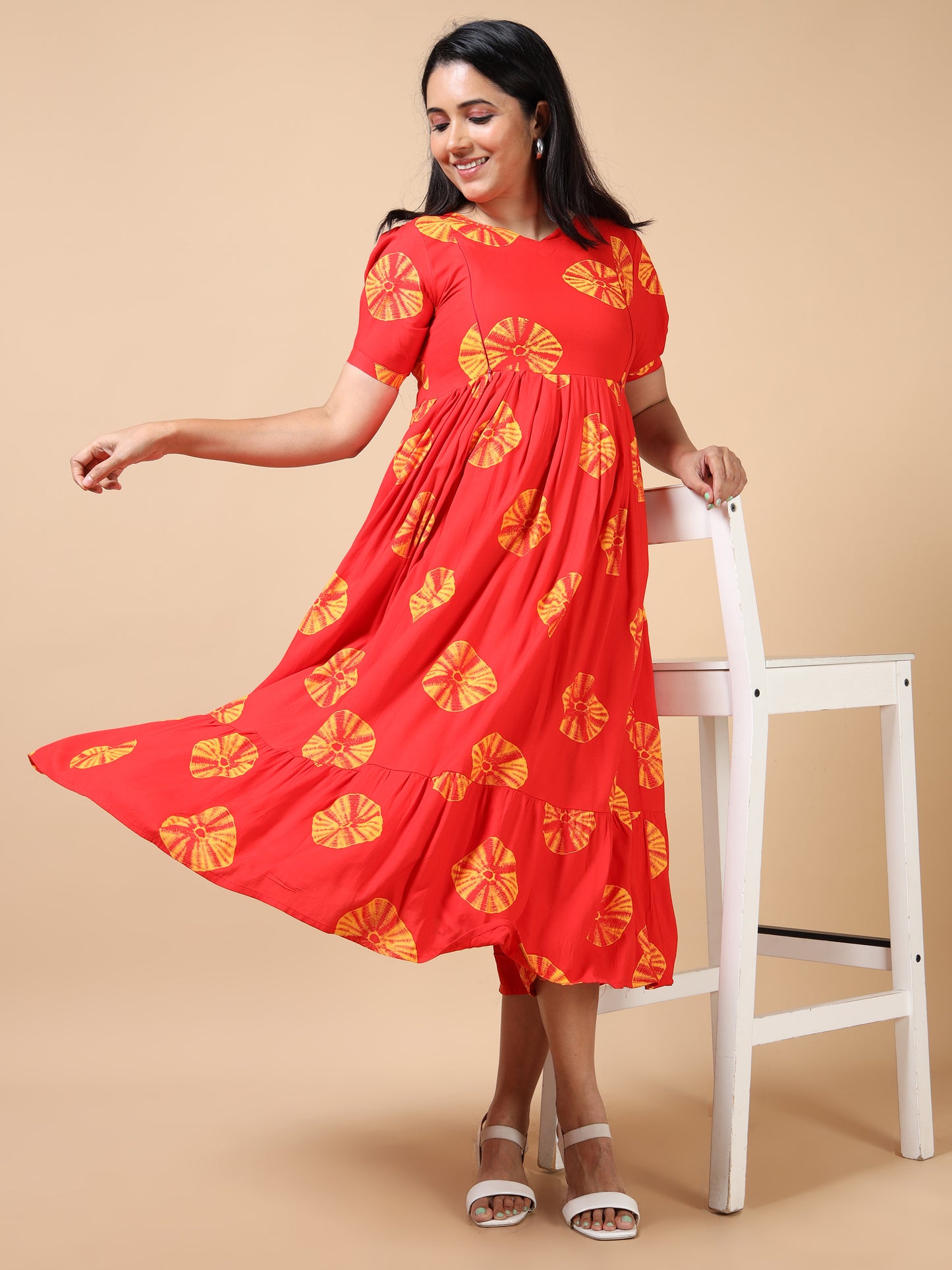 Feeding Red with Yellow Circle Print Floral Maternity Kurti