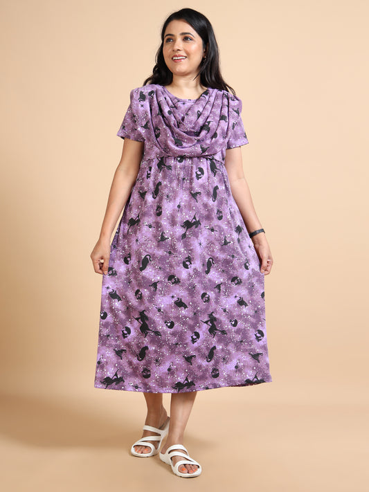 Zipless Feeding Maternity Gown with Attached Dupatta-Purple with Black Printed