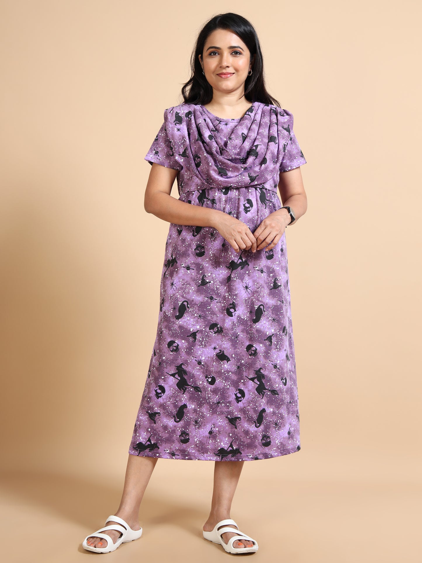 Zipless Feeding Maternity Gown with Attached Dupatta-Purple with Black Printed