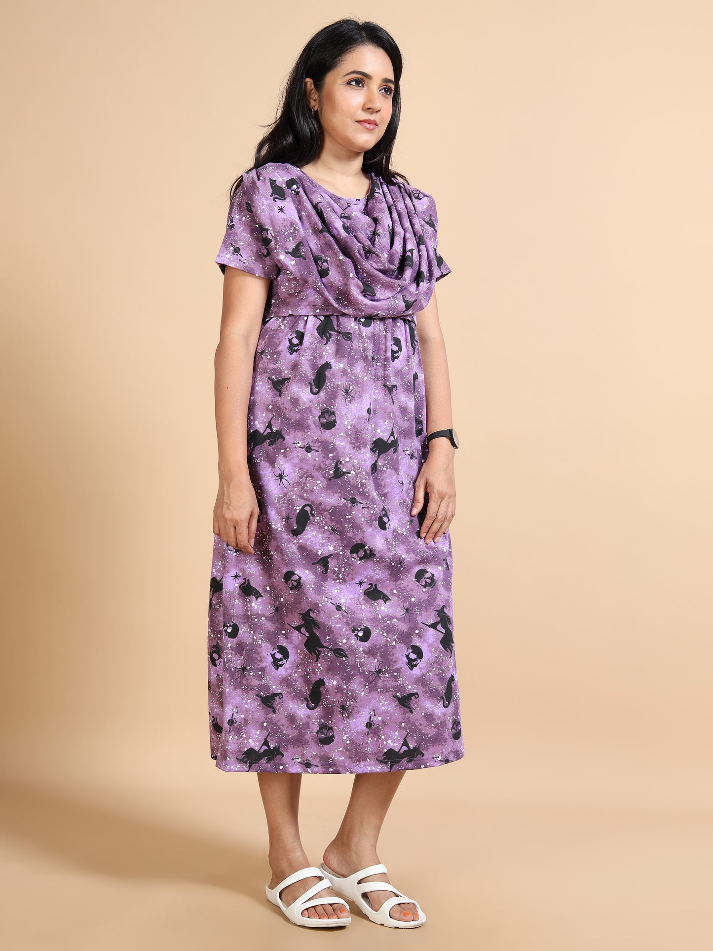 Zipless Feeding Maternity Gown with Attached Dupatta-Purple with Black Printed
