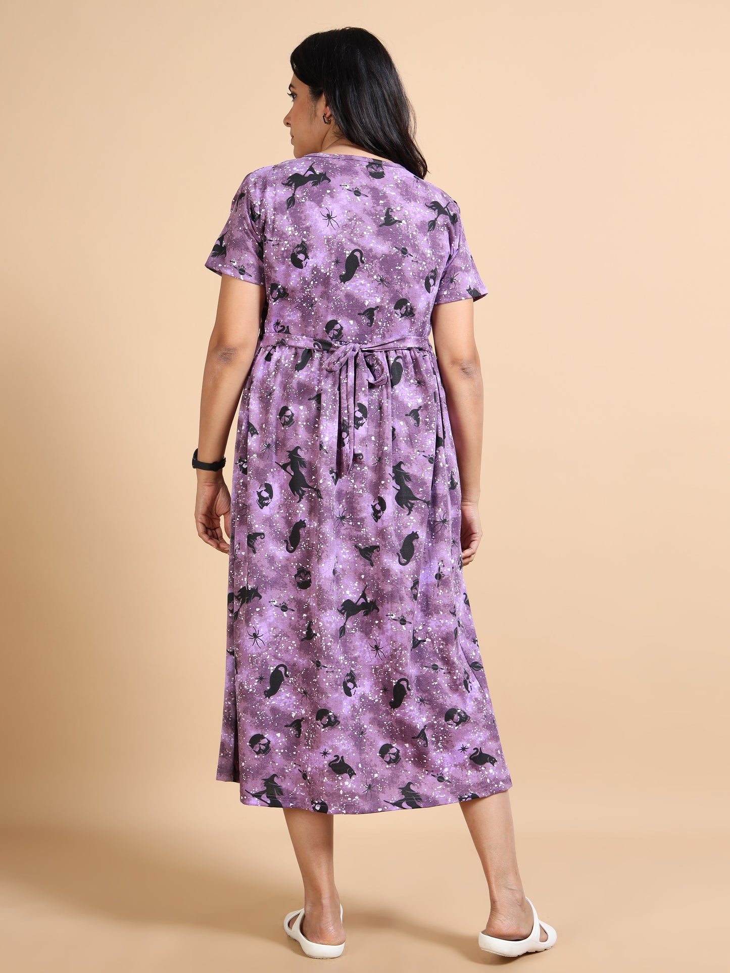 Zipless Feeding Maternity Gown with Attached Dupatta-Purple with Black Printed