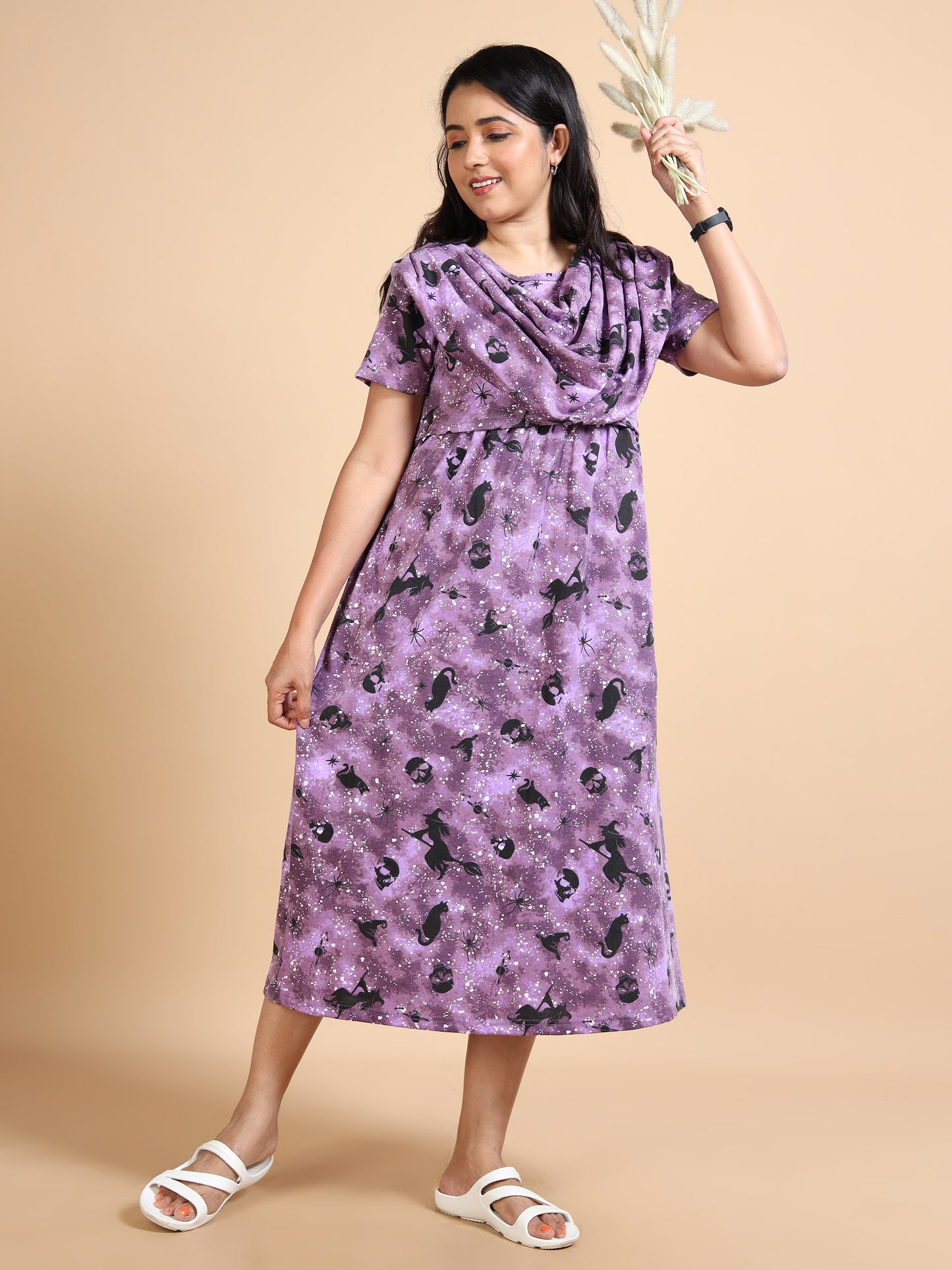 Zipless Feeding Maternity Gown with Attached Dupatta-Purple with Black Printed