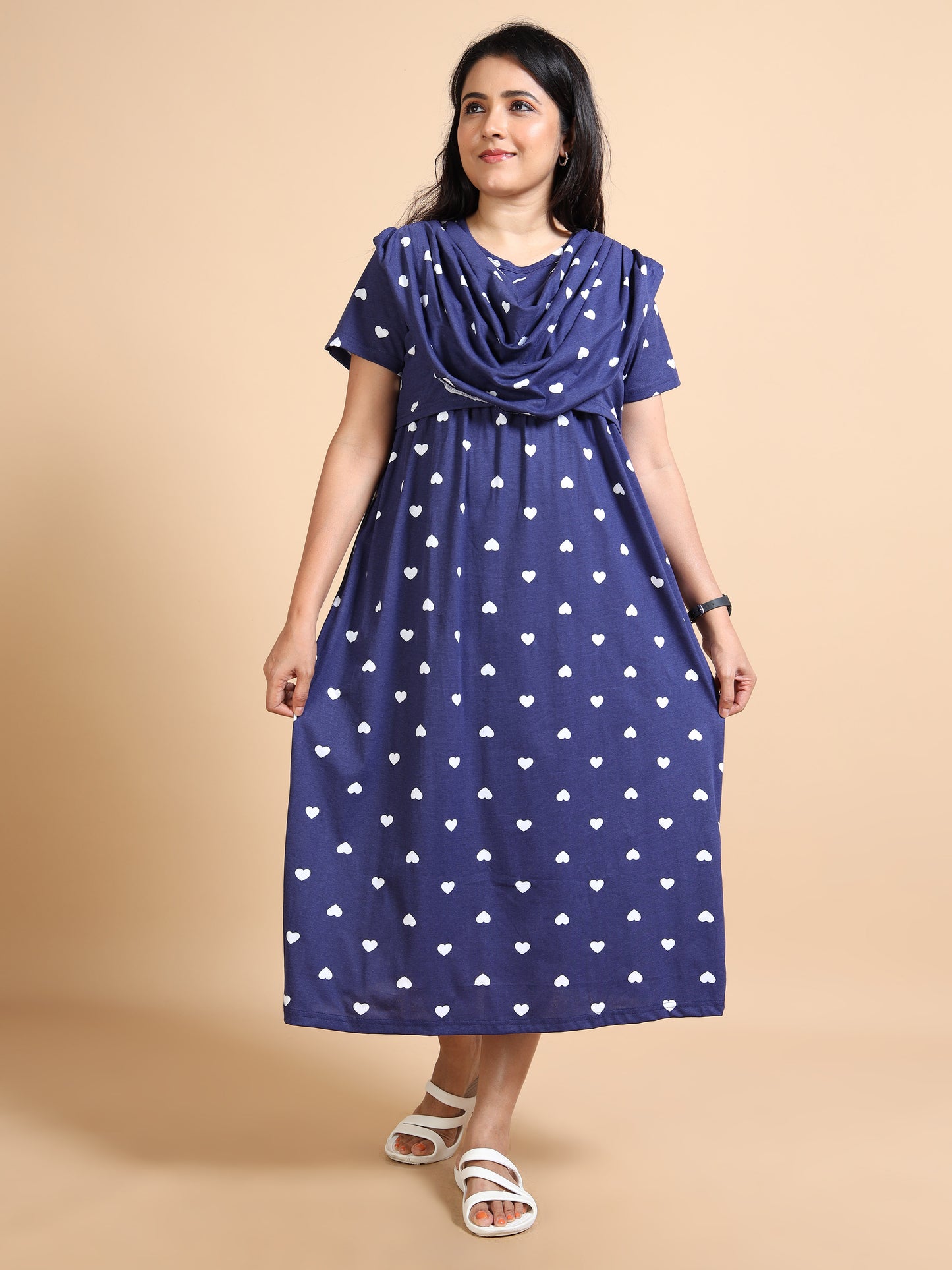 Zipless Feeding Maternity Gown with Attached Dupatta-Navy Blue with White Heart Print