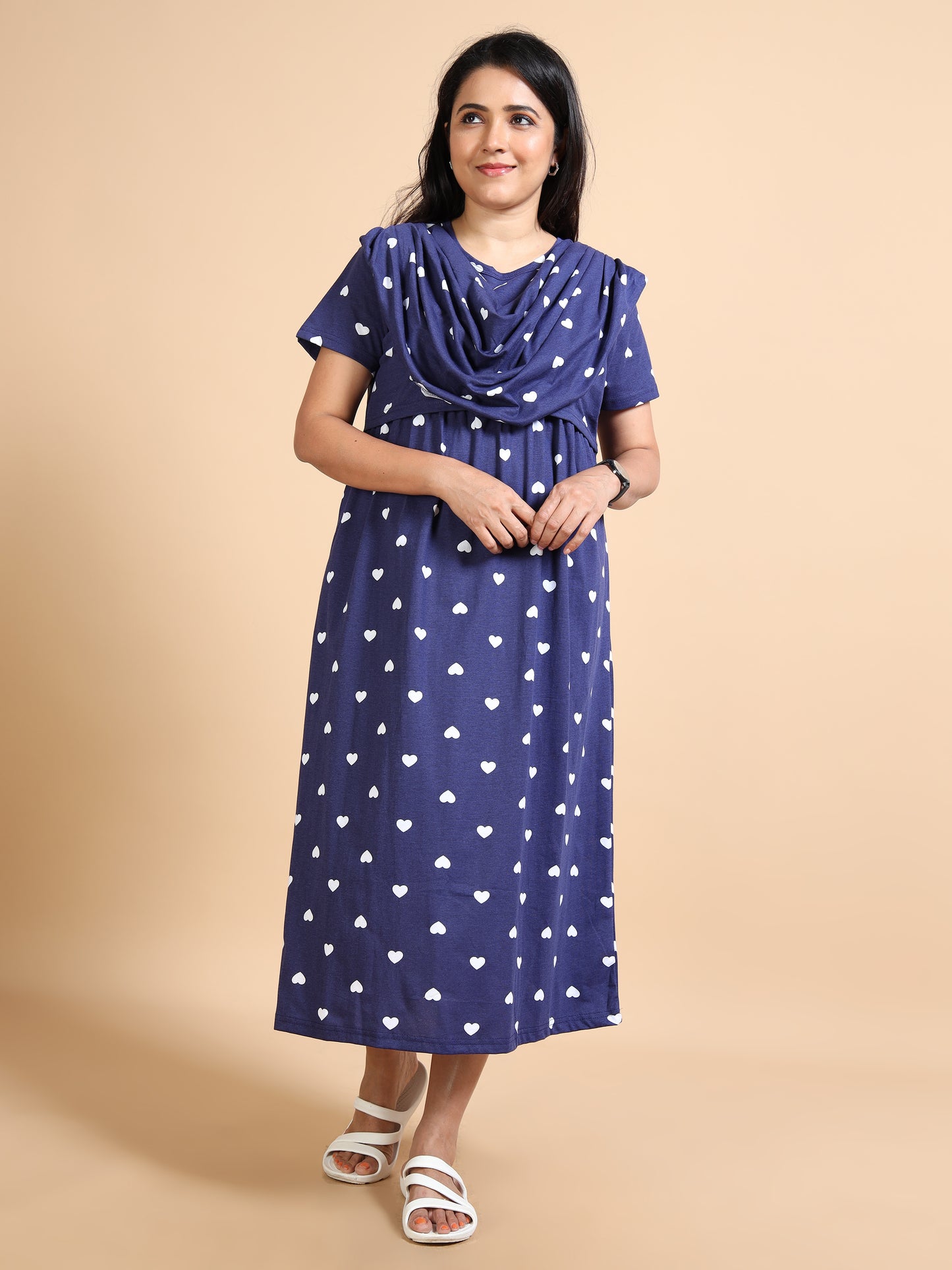 Zipless Feeding Maternity Gown with Attached Dupatta-Navy Blue with White Heart Print