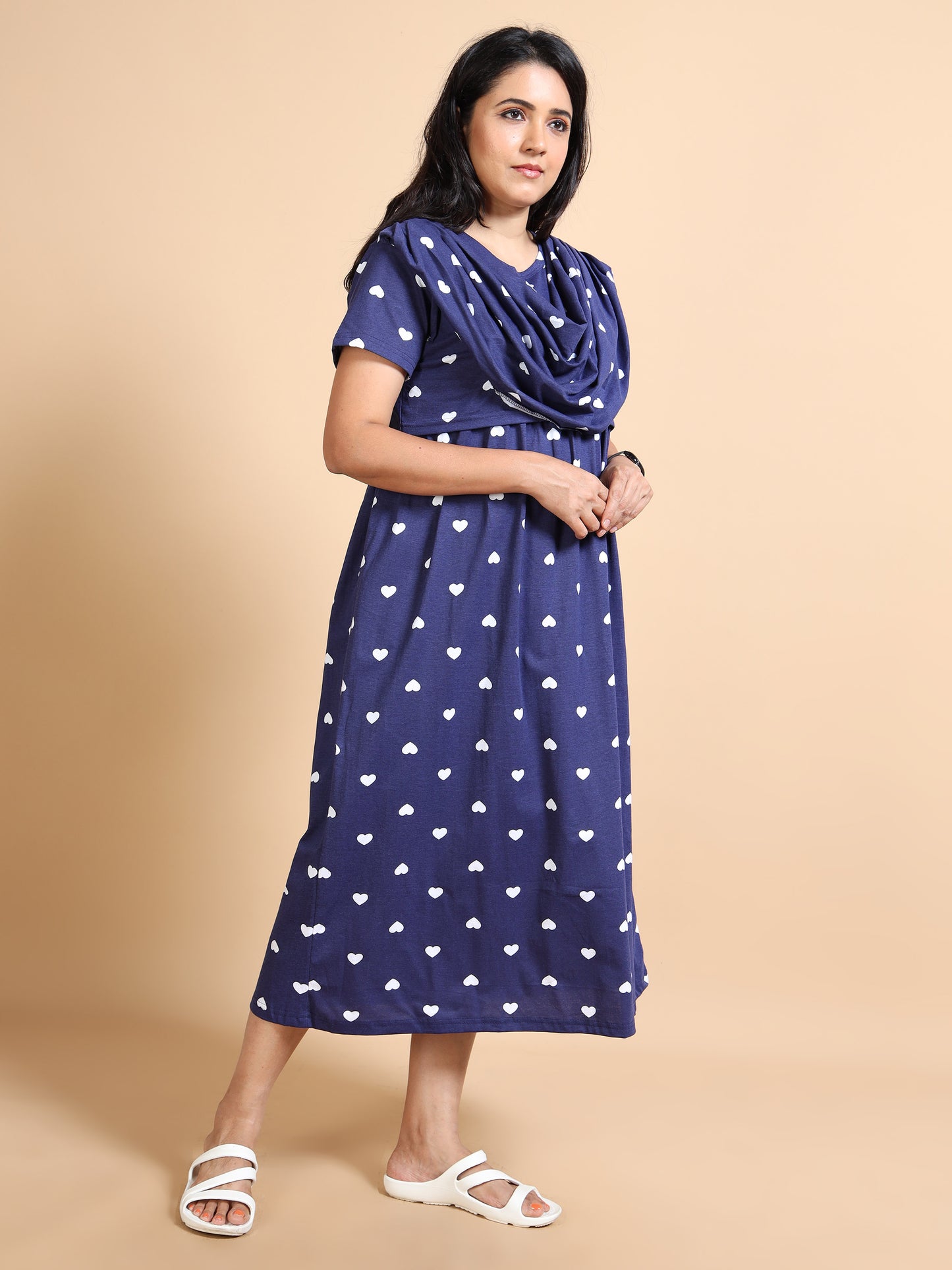 Zipless Feeding Maternity Gown with Attached Dupatta-Navy Blue with White Heart Print