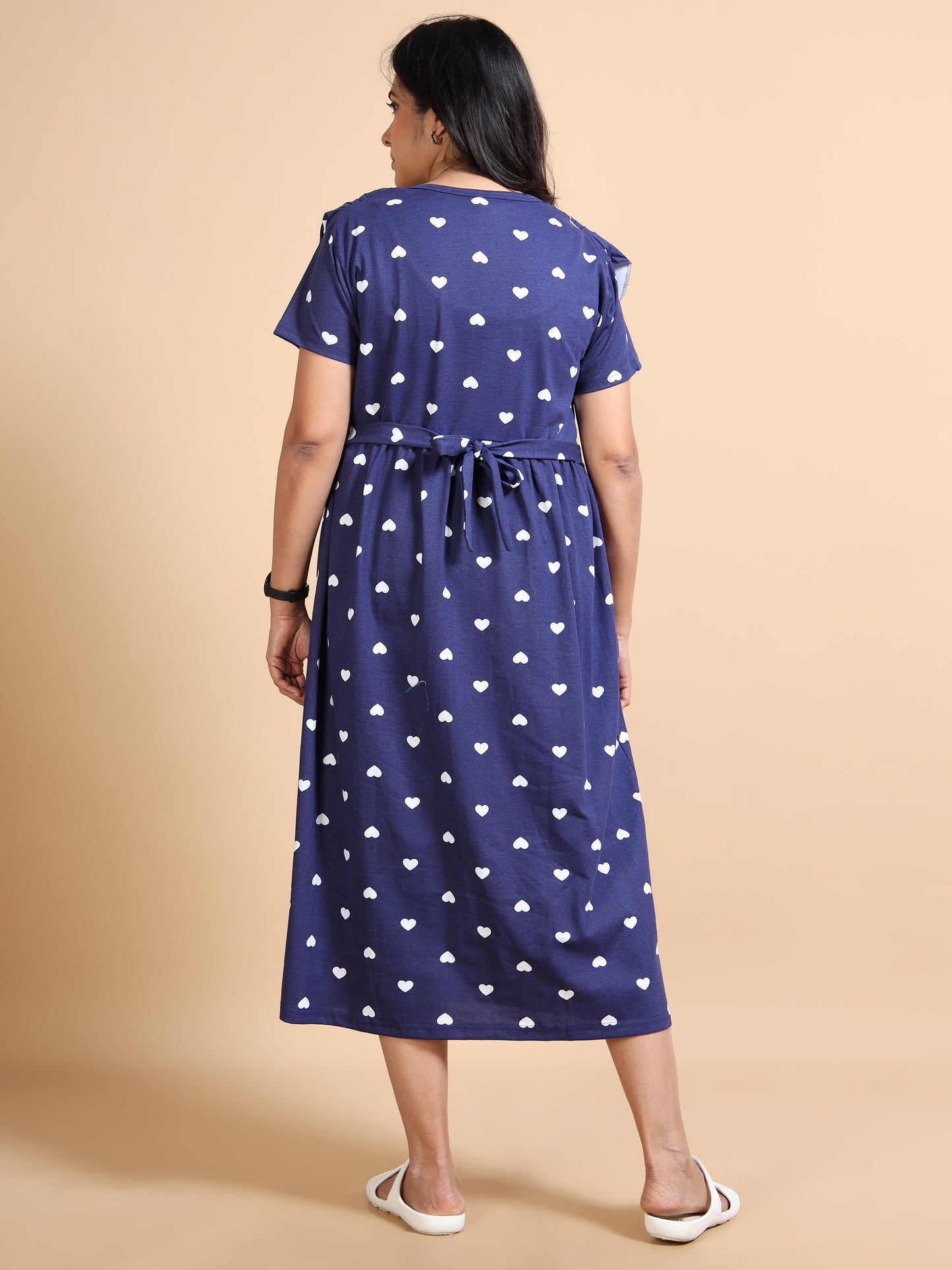 Zipless Feeding Maternity Gown with Attached Dupatta-Navy Blue with White Heart Print