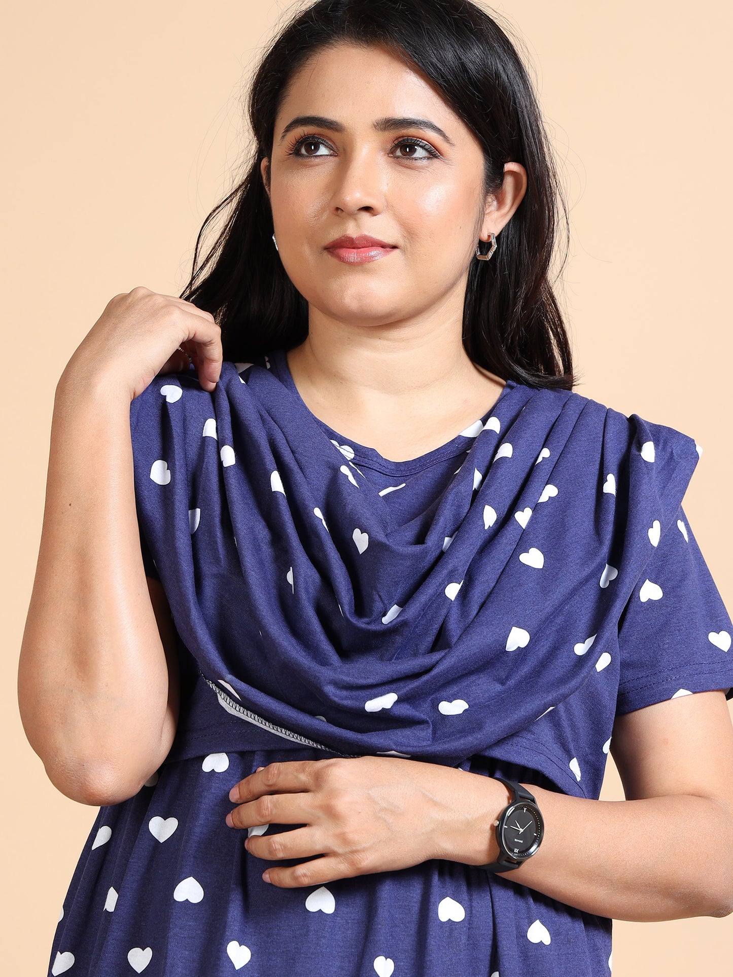 Zipless Feeding Maternity Gown with Attached Dupatta-Navy Blue with White Heart Print